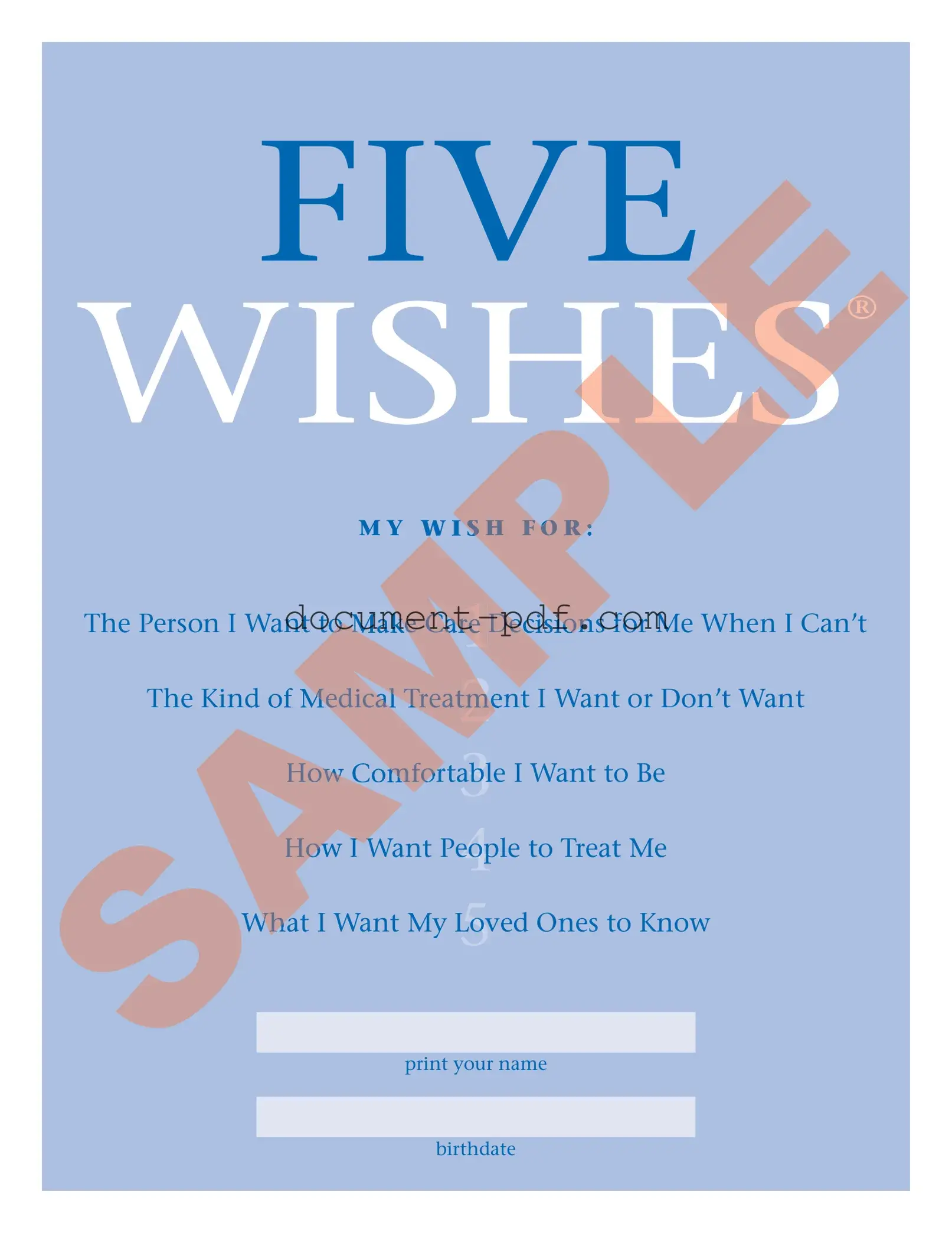 Blank 5 Wishes Document PDF Form
