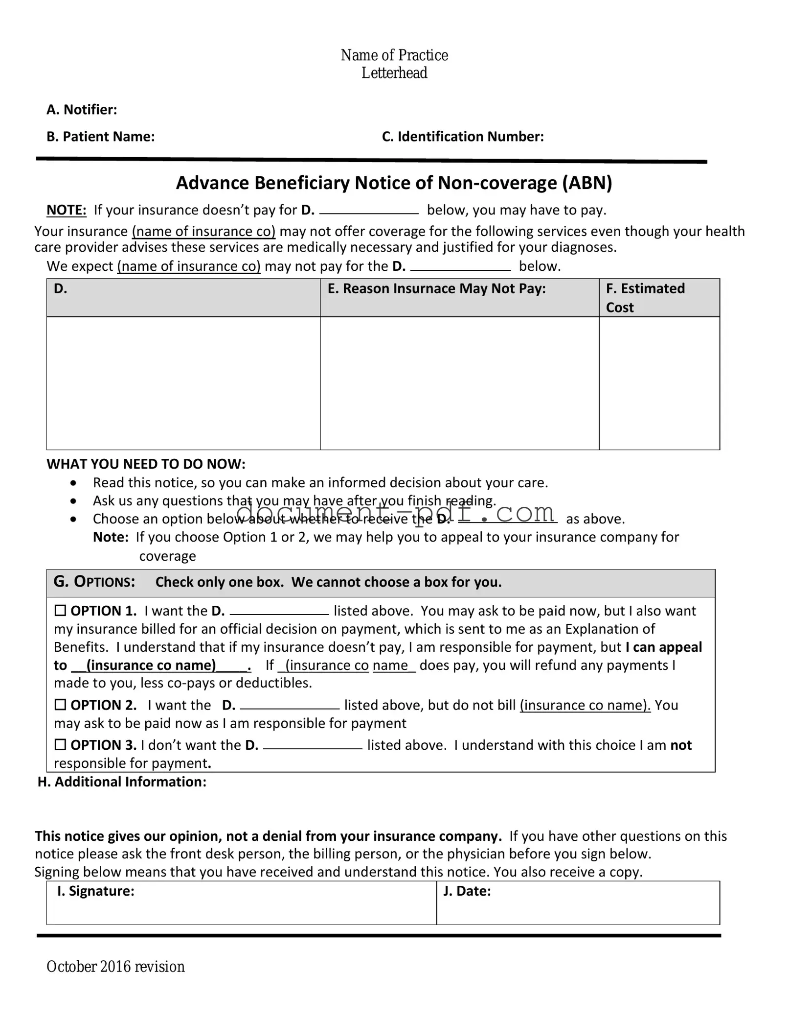 Blank Advance Beneficiary Notice of Non-coverage PDF Form