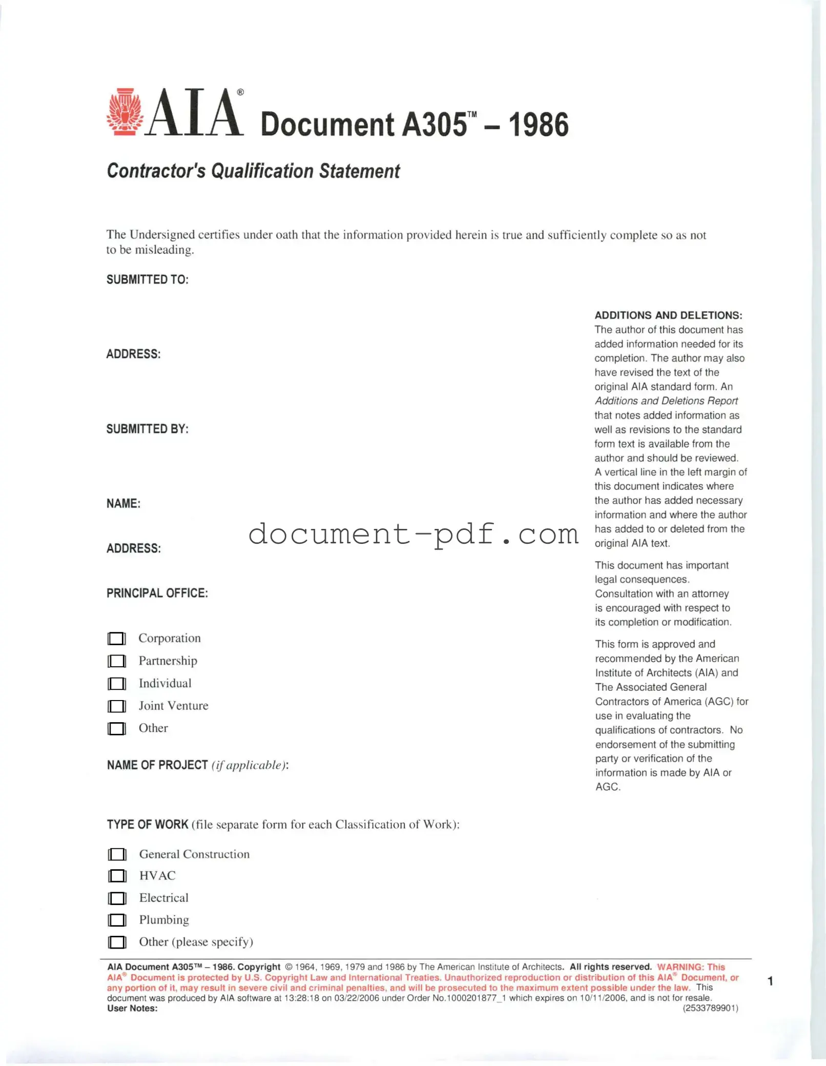 Blank AIA A305 PDF Form