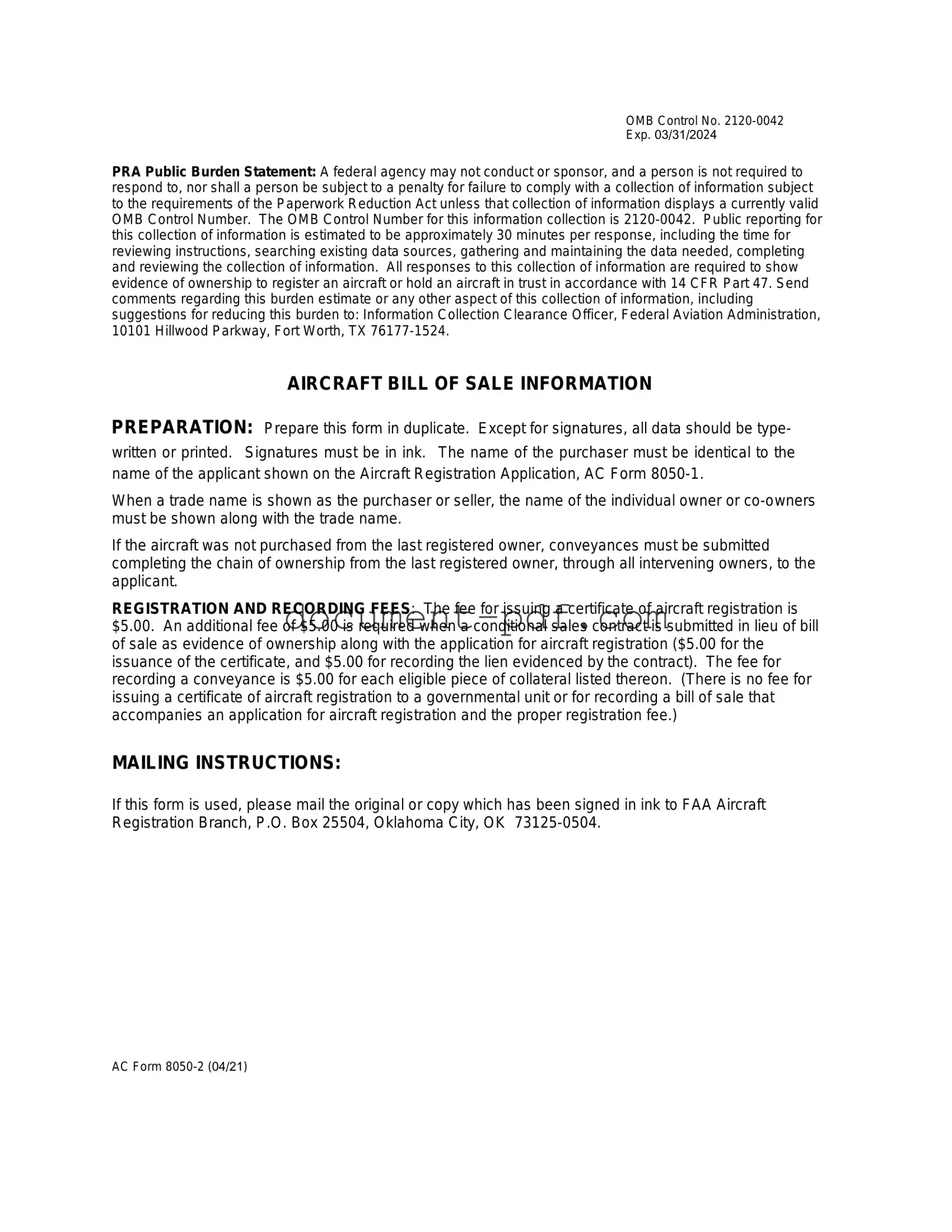 Blank Aircraft Bill of Sale AC 8050-2 PDF Form