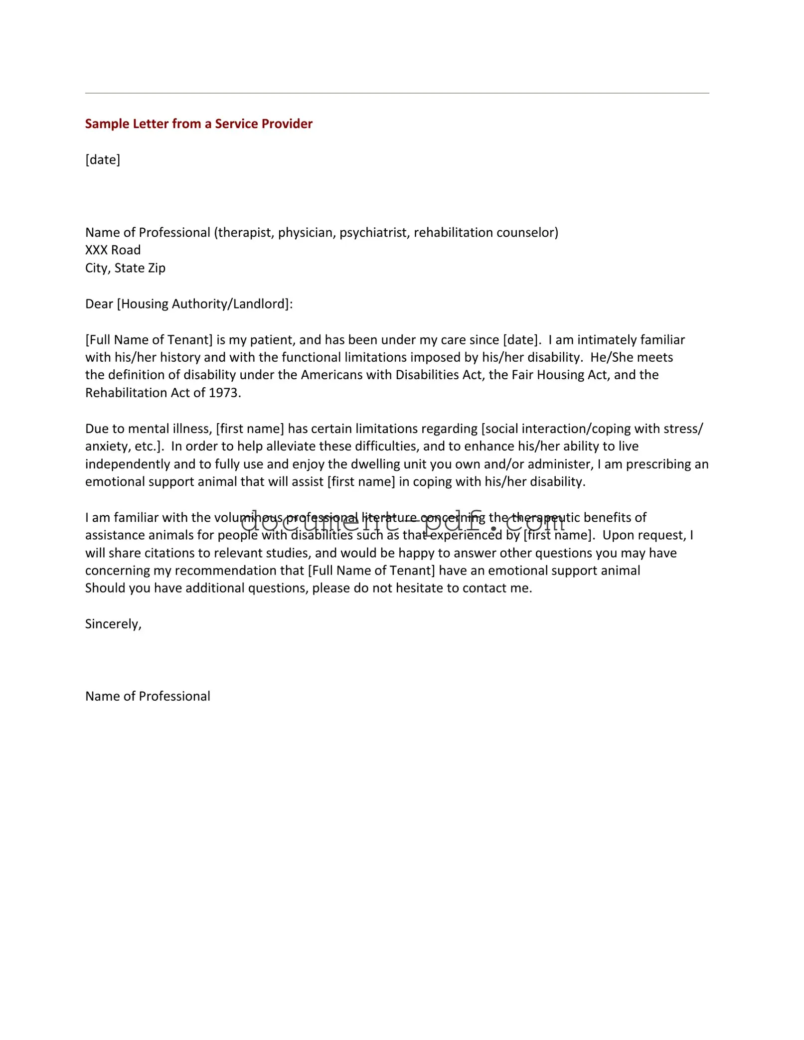 Blank Emotional Support Animal Letter PDF Form