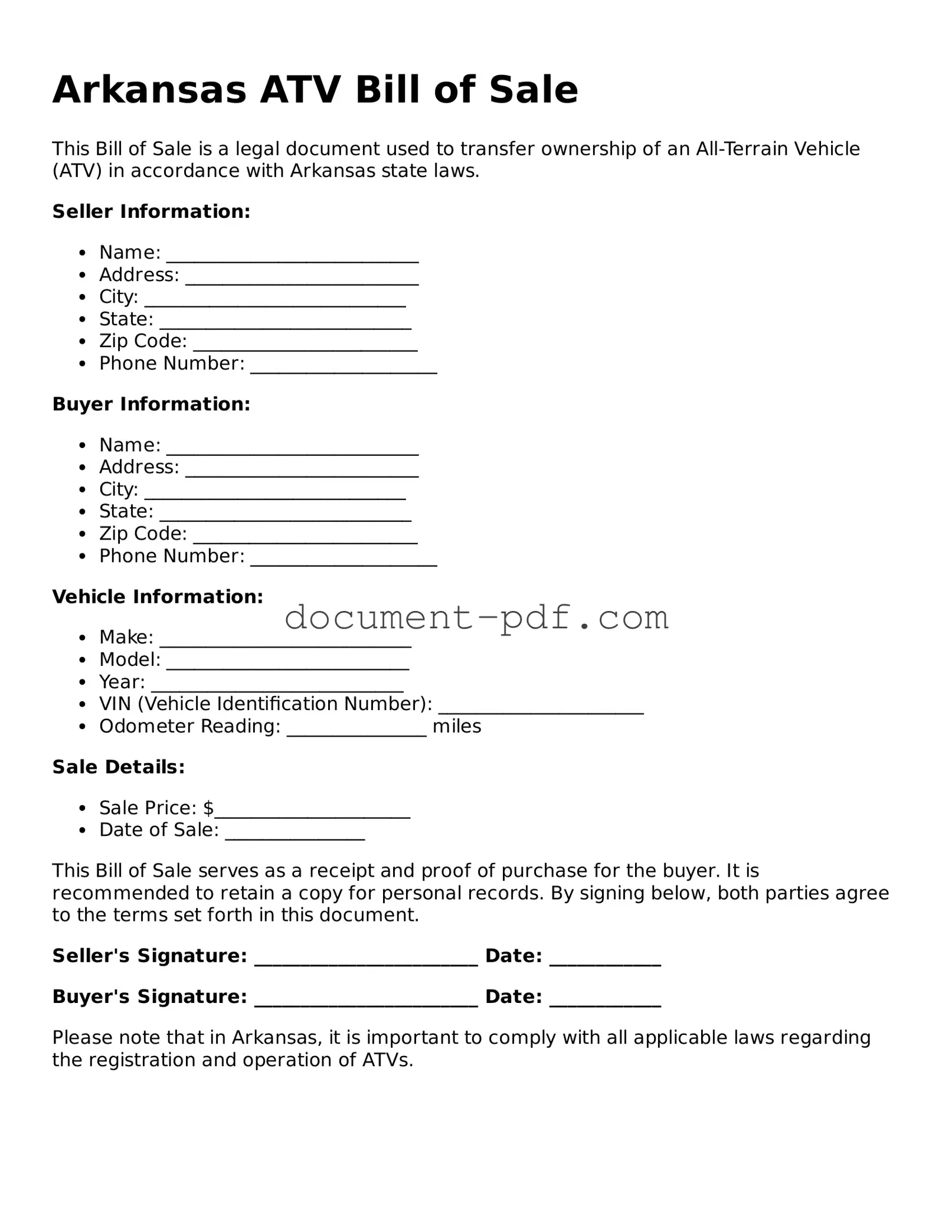 Attorney-Verified Arkansas ATV Bill of Sale Template