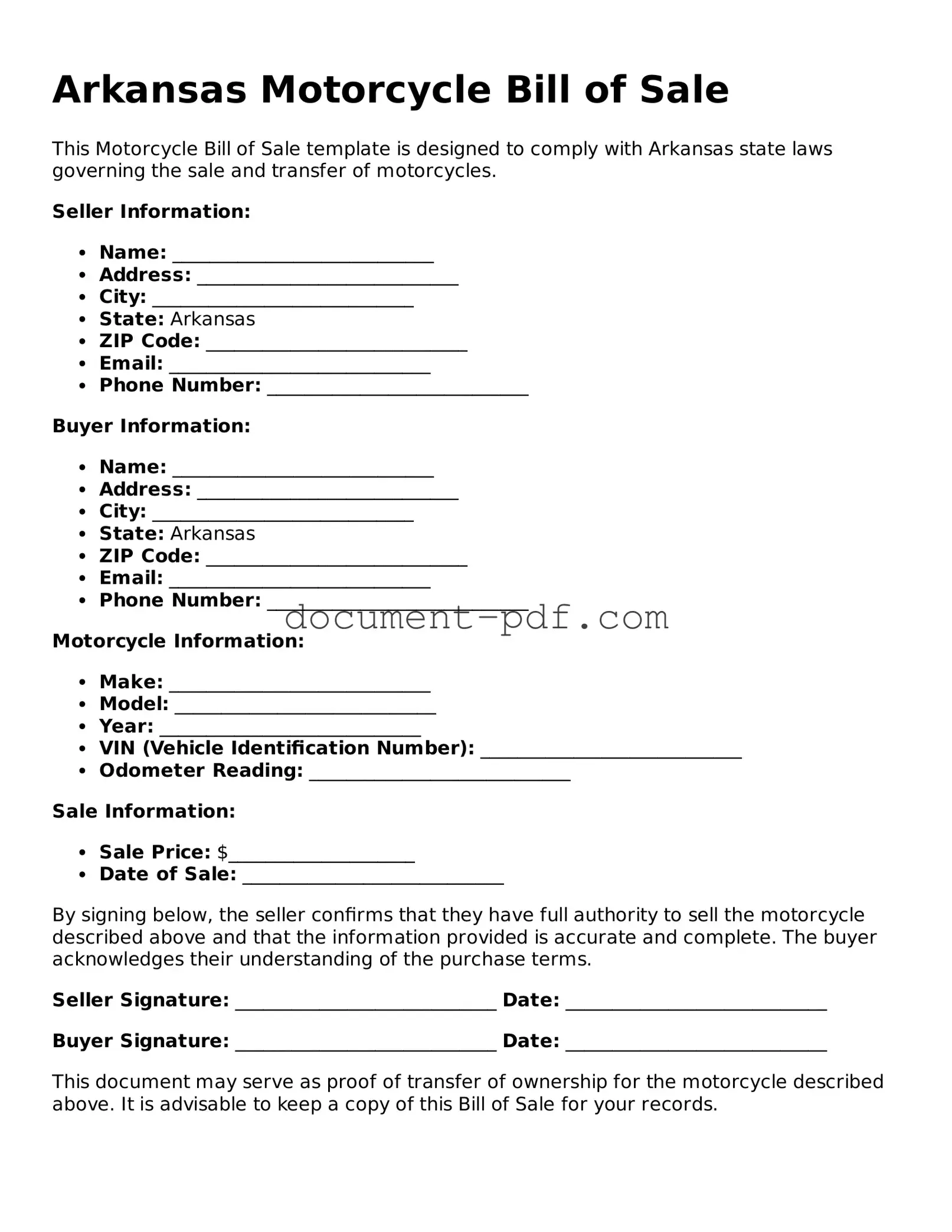 Attorney-Verified Arkansas Motorcycle Bill of Sale Template