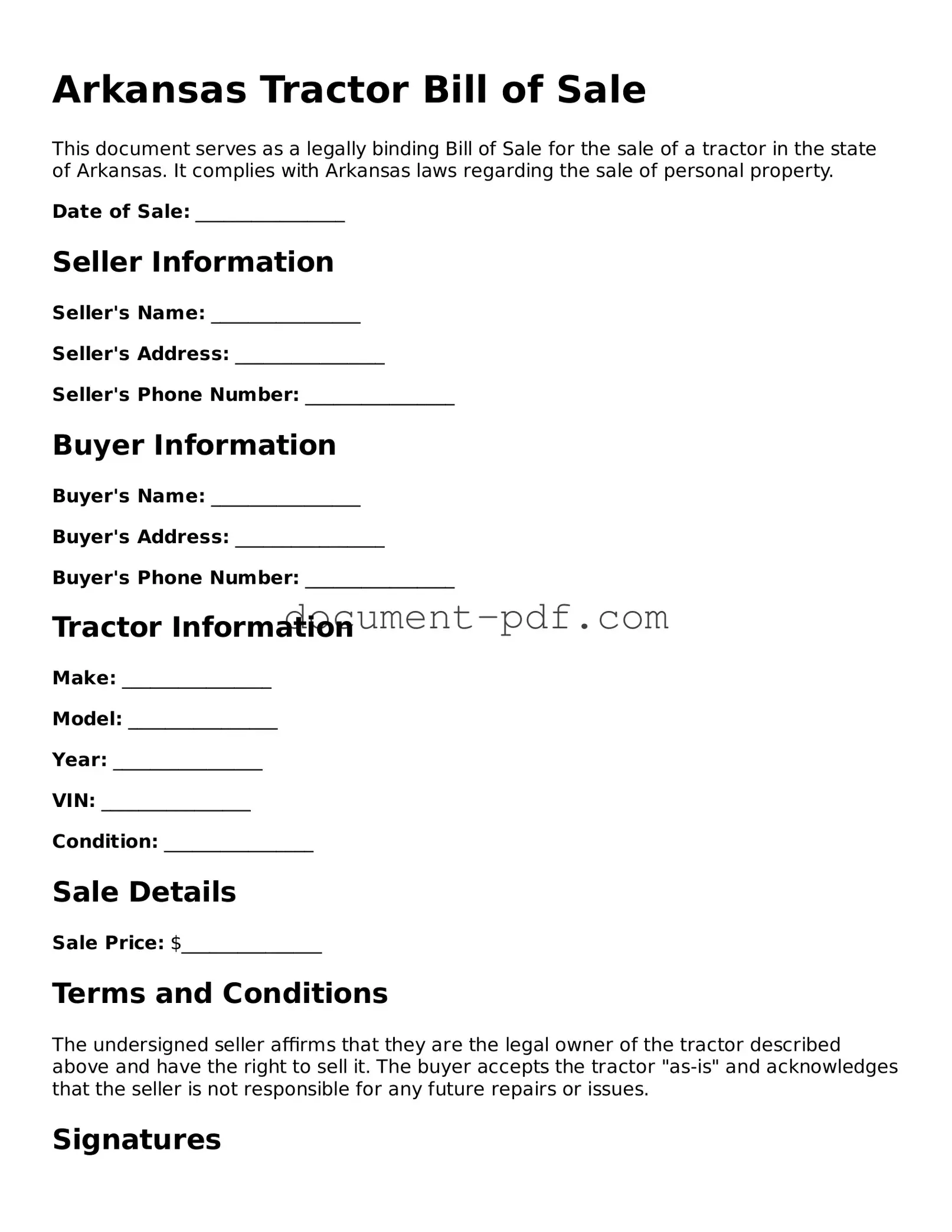 Attorney-Verified Arkansas Tractor Bill of Sale Template