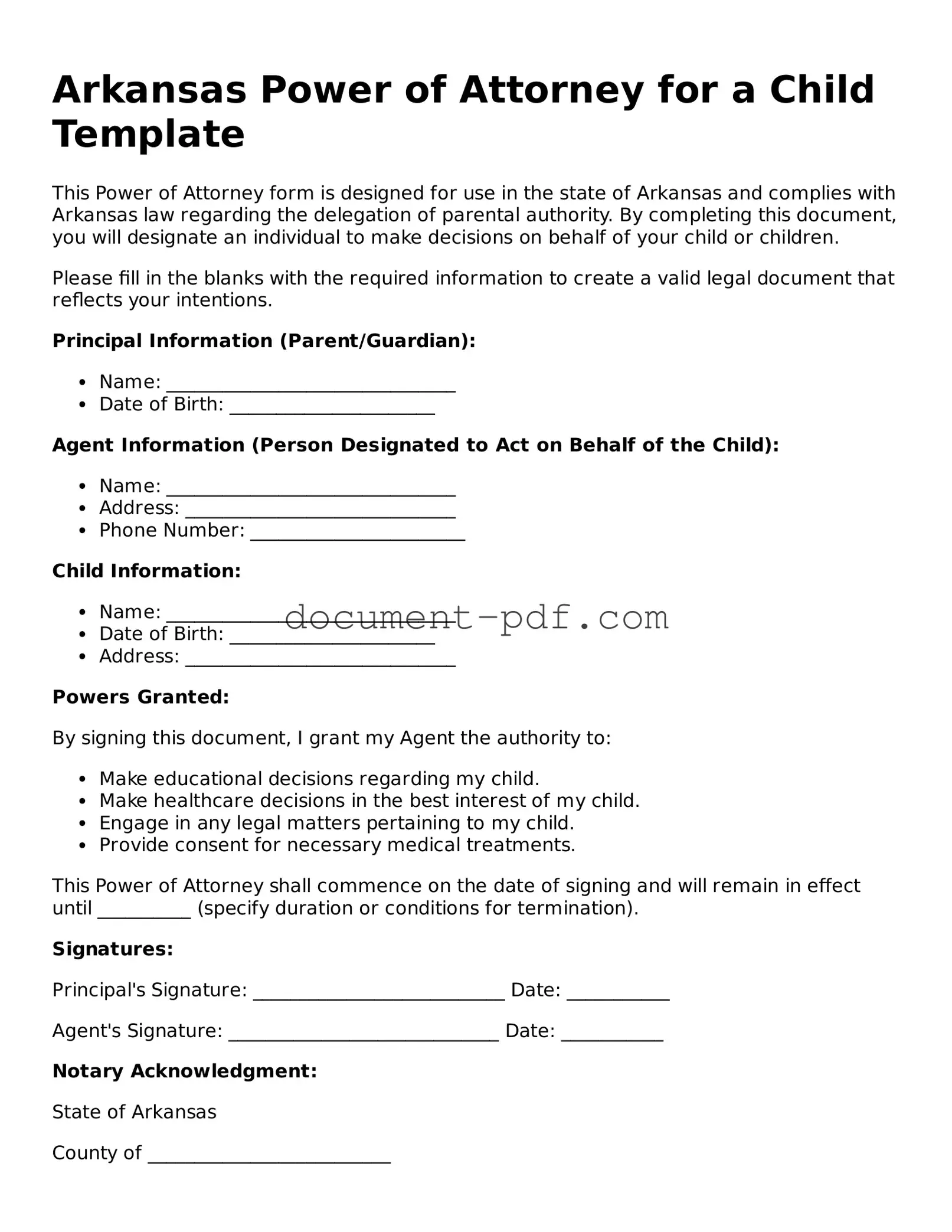 Attorney-Verified Arkansas Power of Attorney for a Child Template