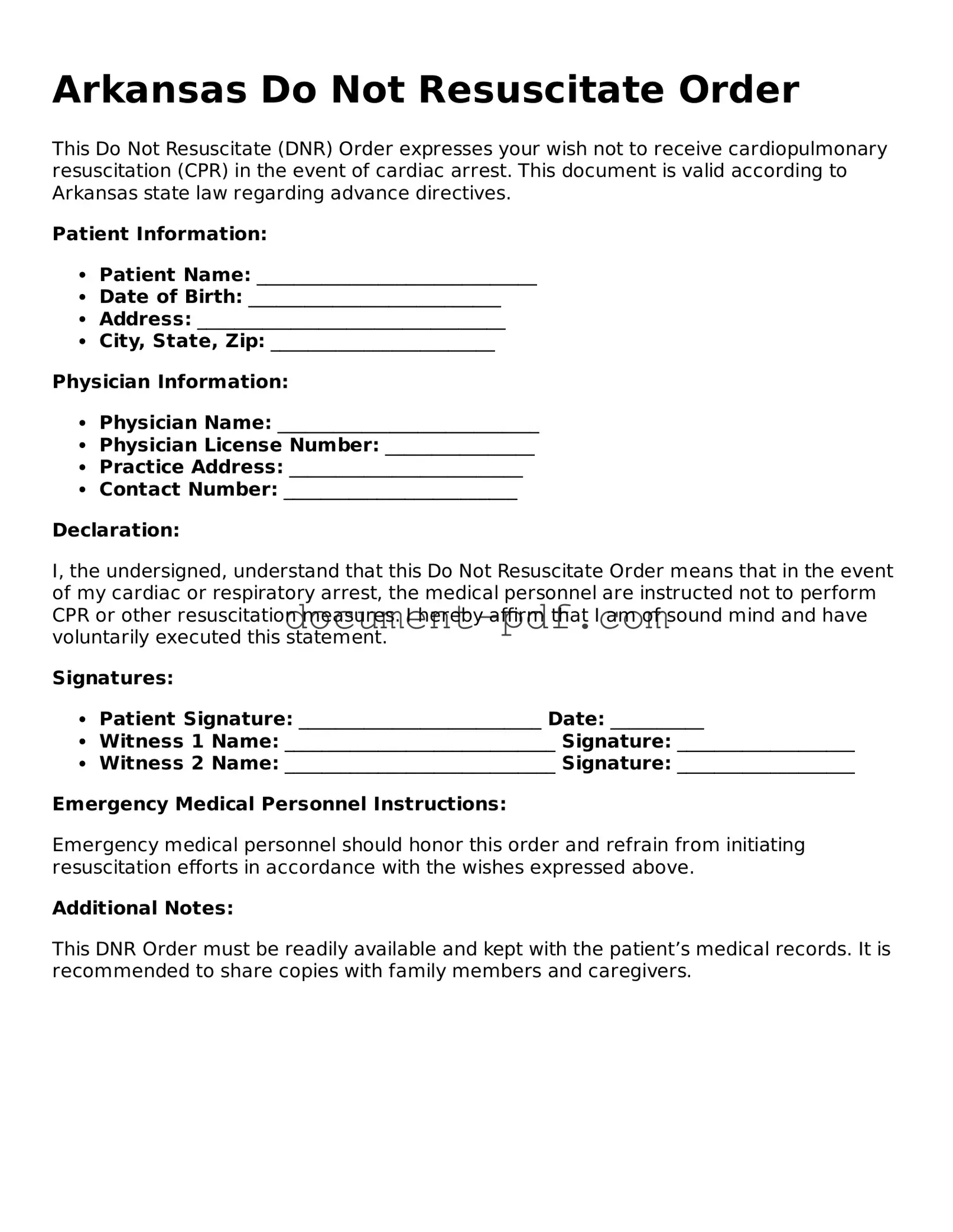 Attorney-Verified Arkansas Do Not Resuscitate Order Template