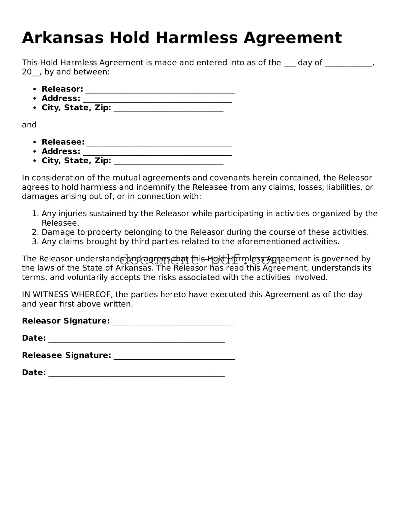 Attorney-Verified Arkansas Hold Harmless Agreement Template