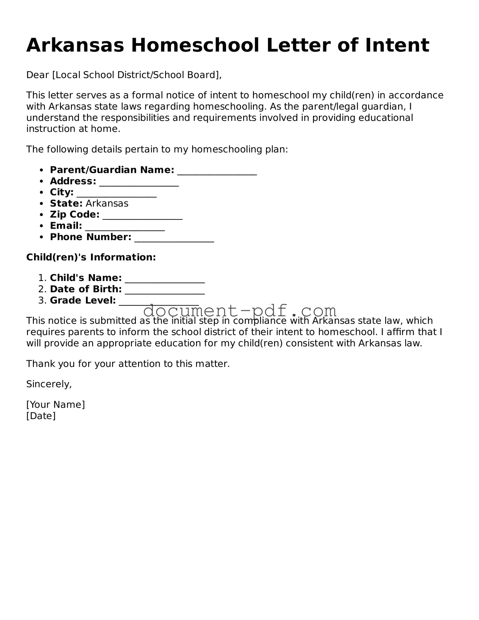 Attorney-Verified Arkansas Homeschool Letter of Intent Template