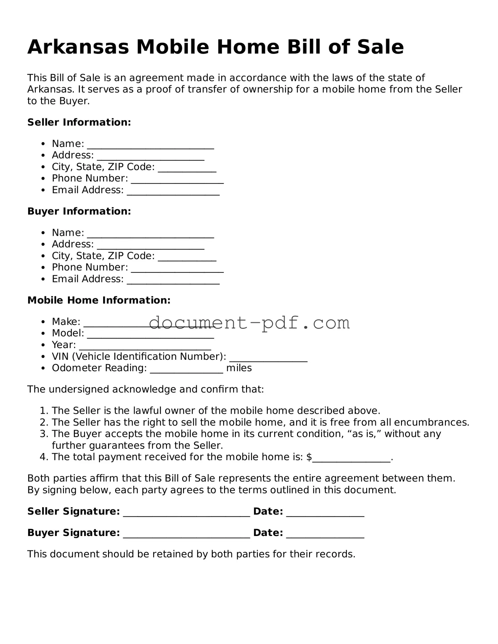 Attorney-Verified Arkansas Mobile Home Bill of Sale Template