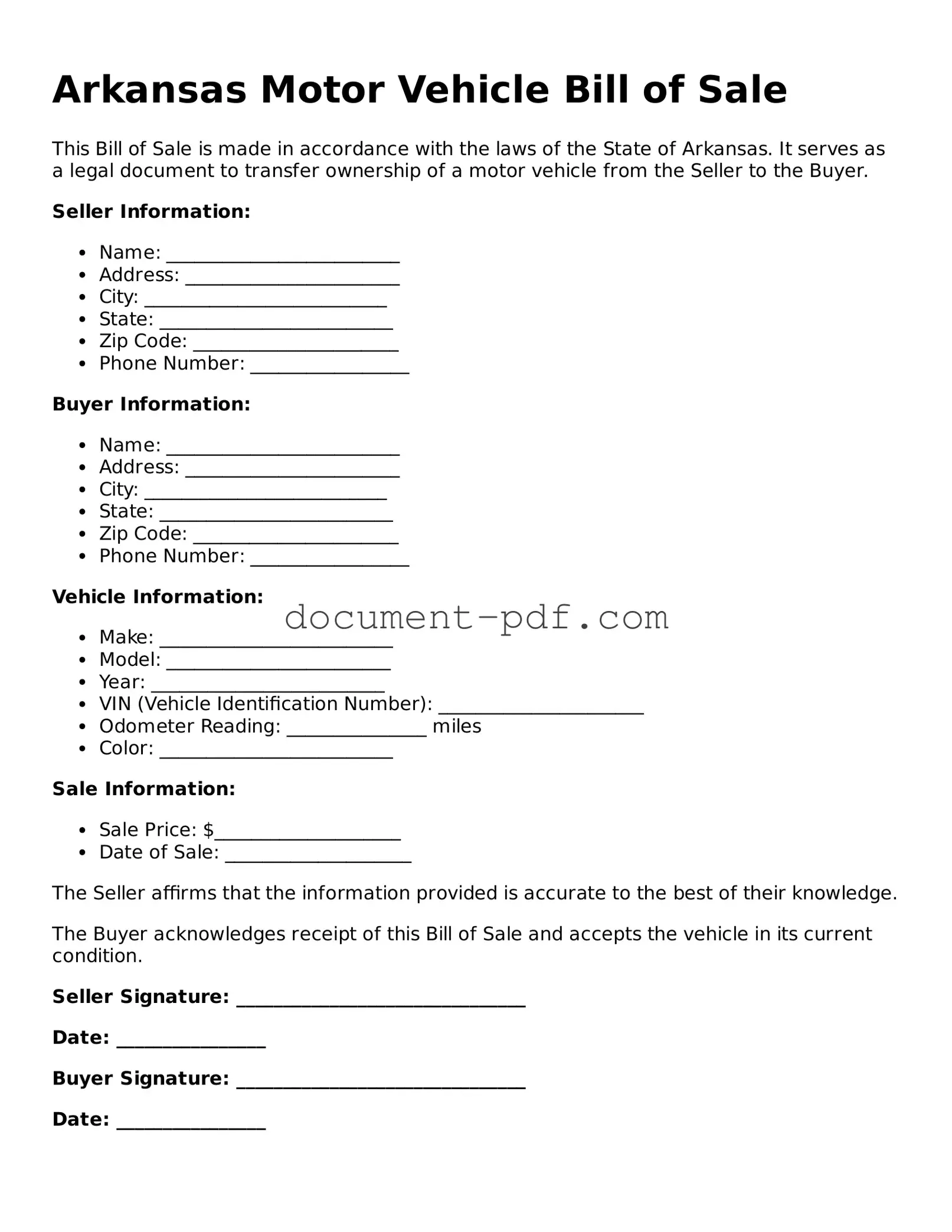 Attorney-Verified Arkansas Motor Vehicle Bill of Sale Template