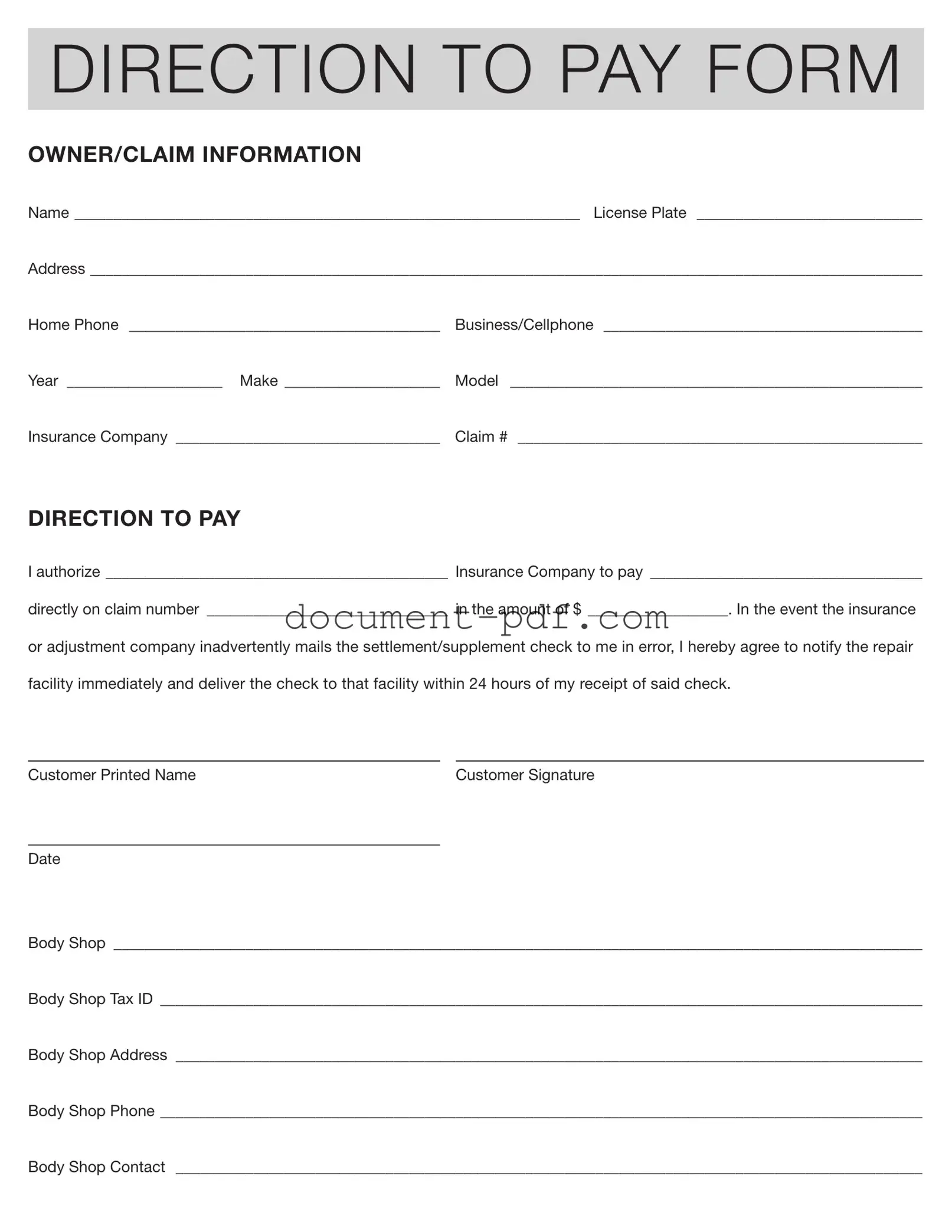 Blank Authorization And Direction Pay PDF Form