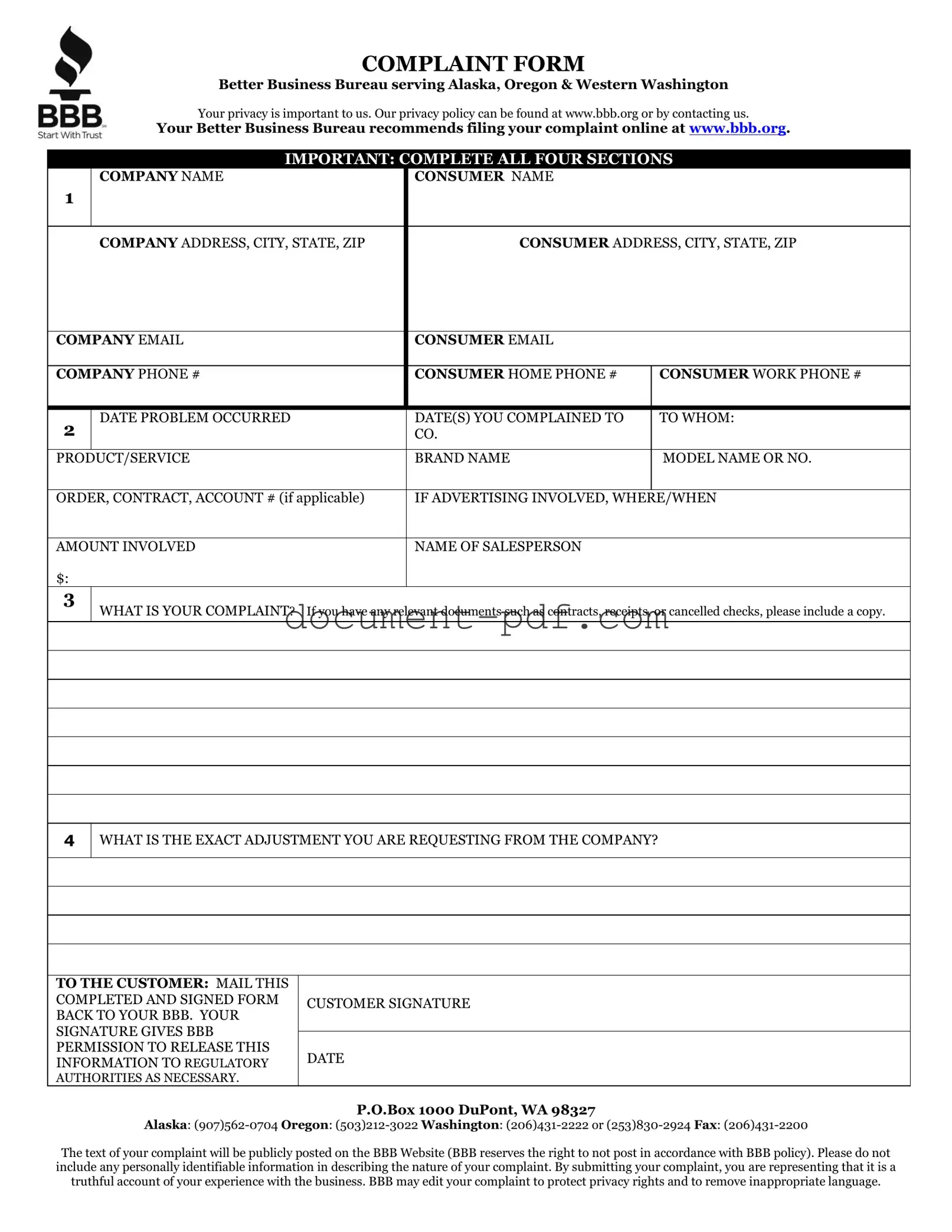 Blank Bbb Complaint PDF Form