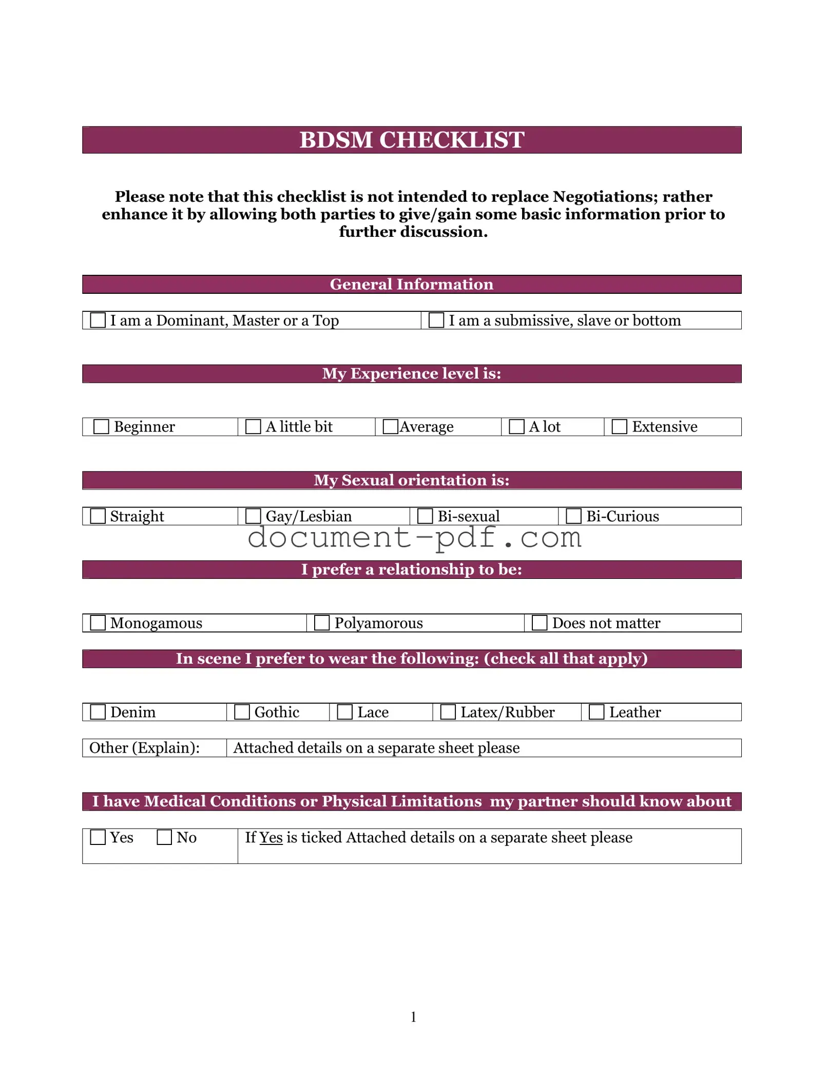 Blank Bdsm Checklist PDF Form