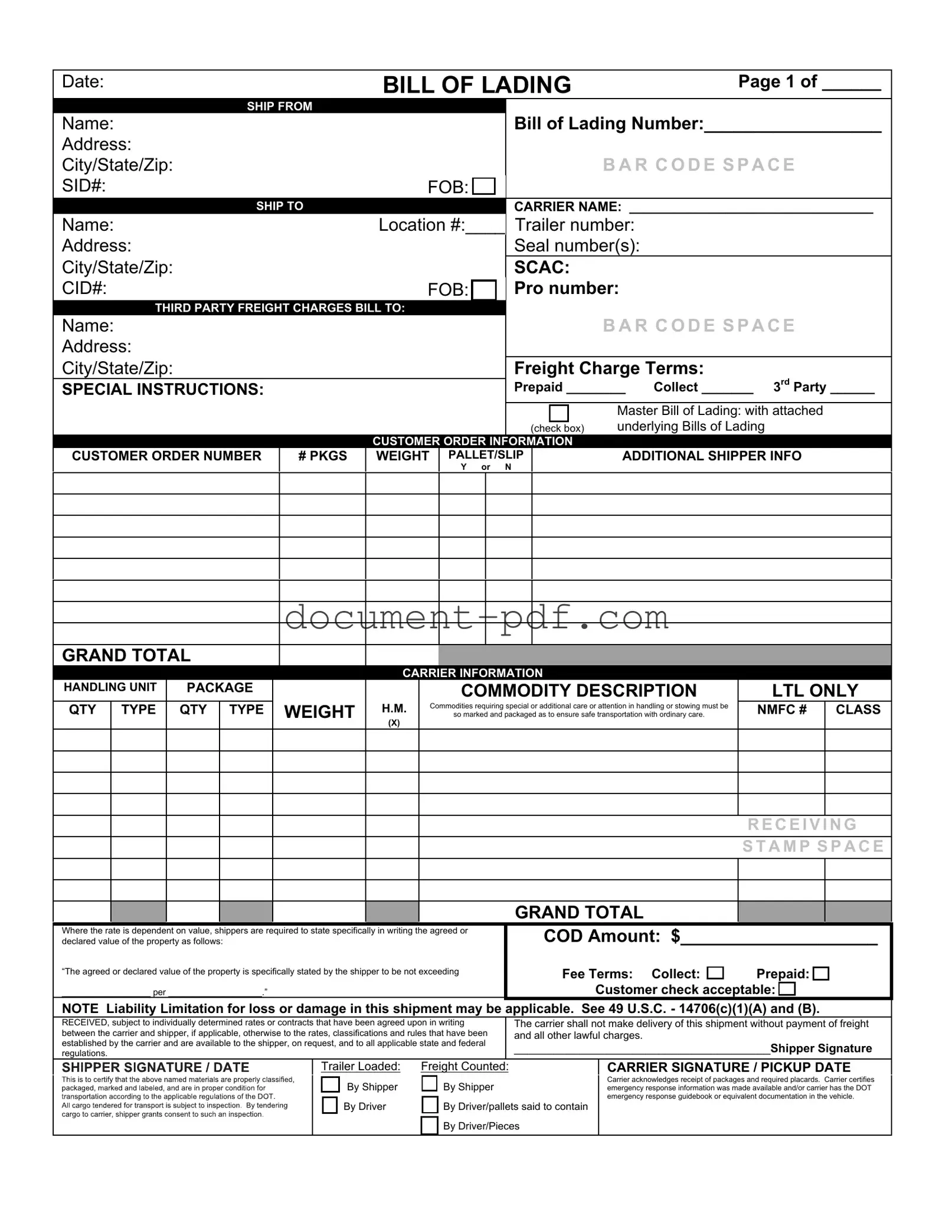 Blank Bill of Lading with a Supplement PDF Form