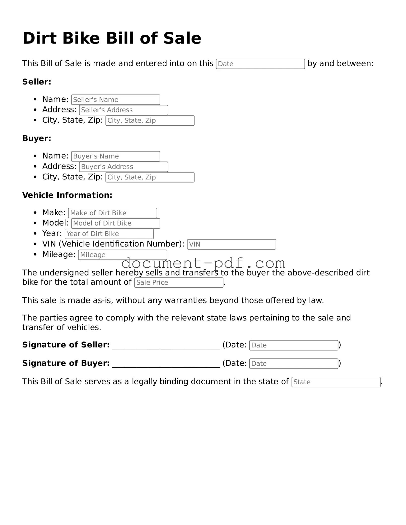 Attorney-Approved Dirt Bike Bill of Sale Document