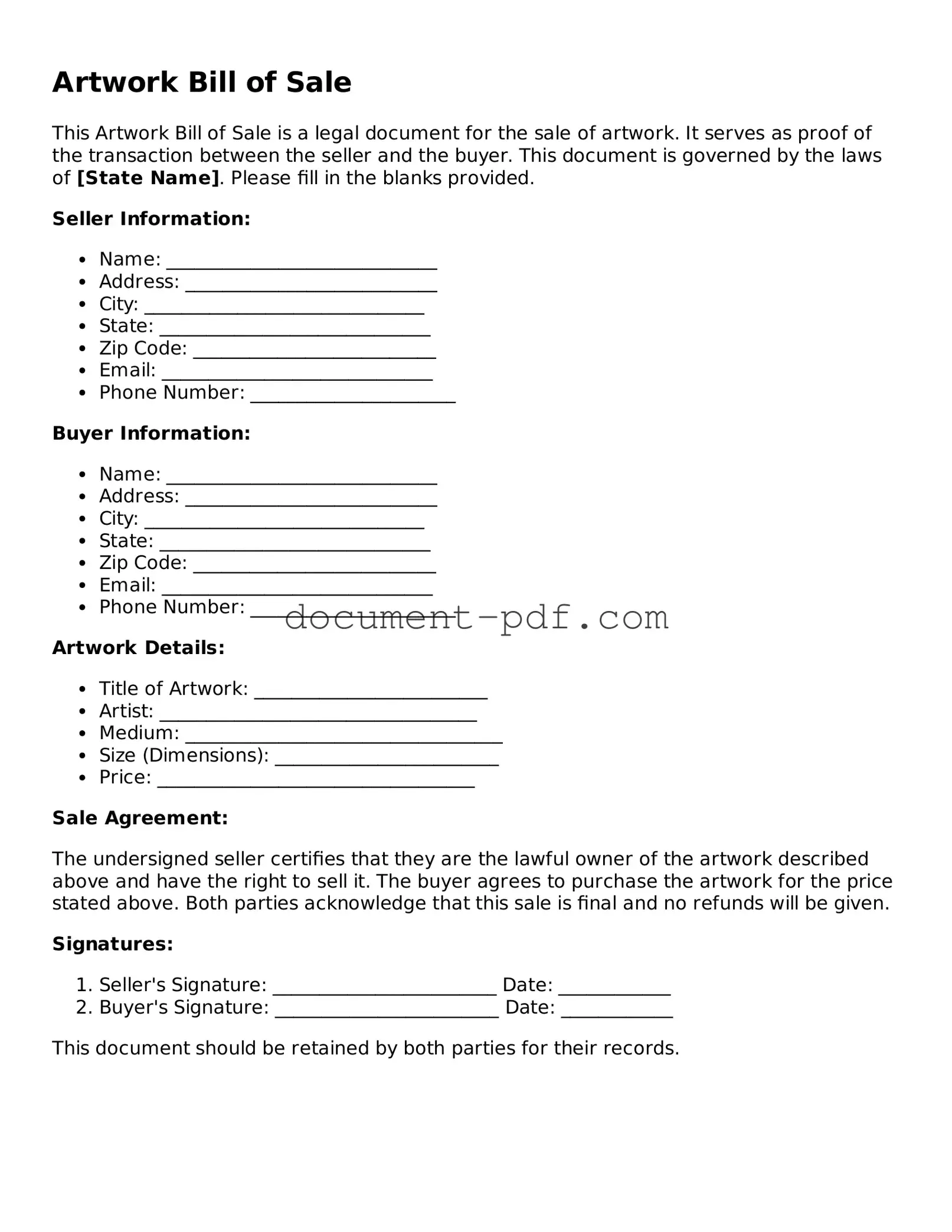 Attorney-Approved Artwork Bill of Sale Document