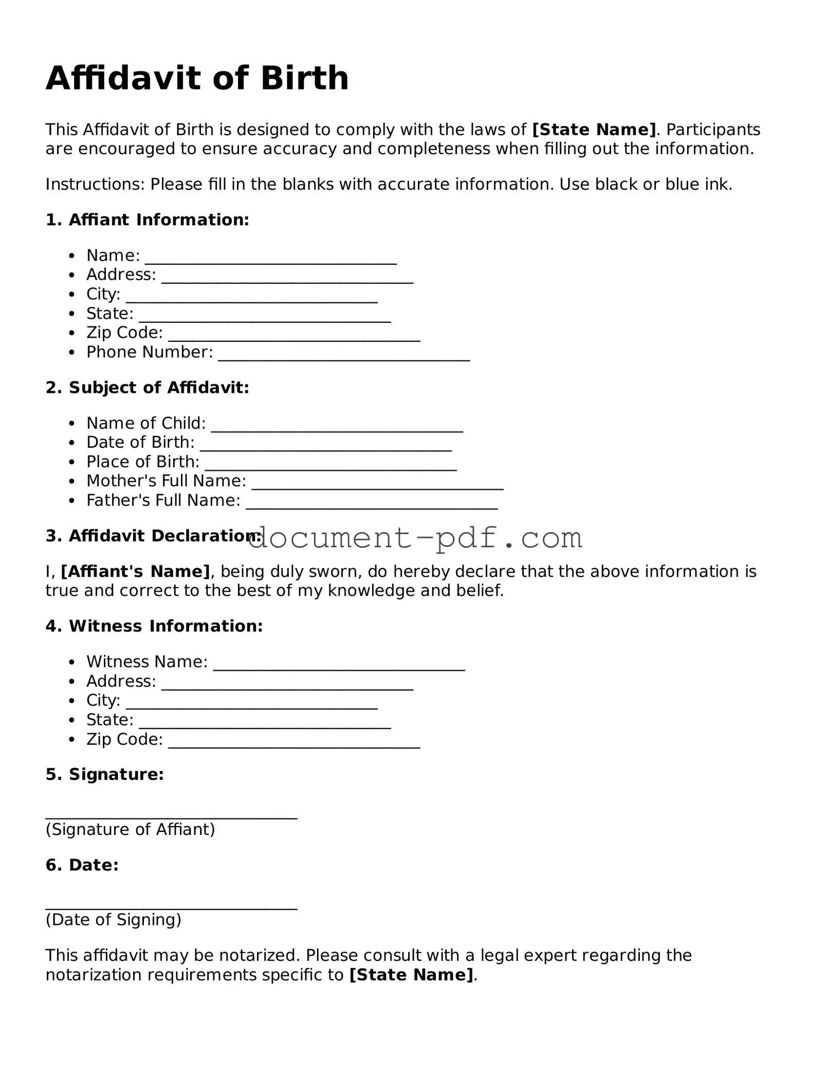 Attorney-Approved Affidavit of Birth Document