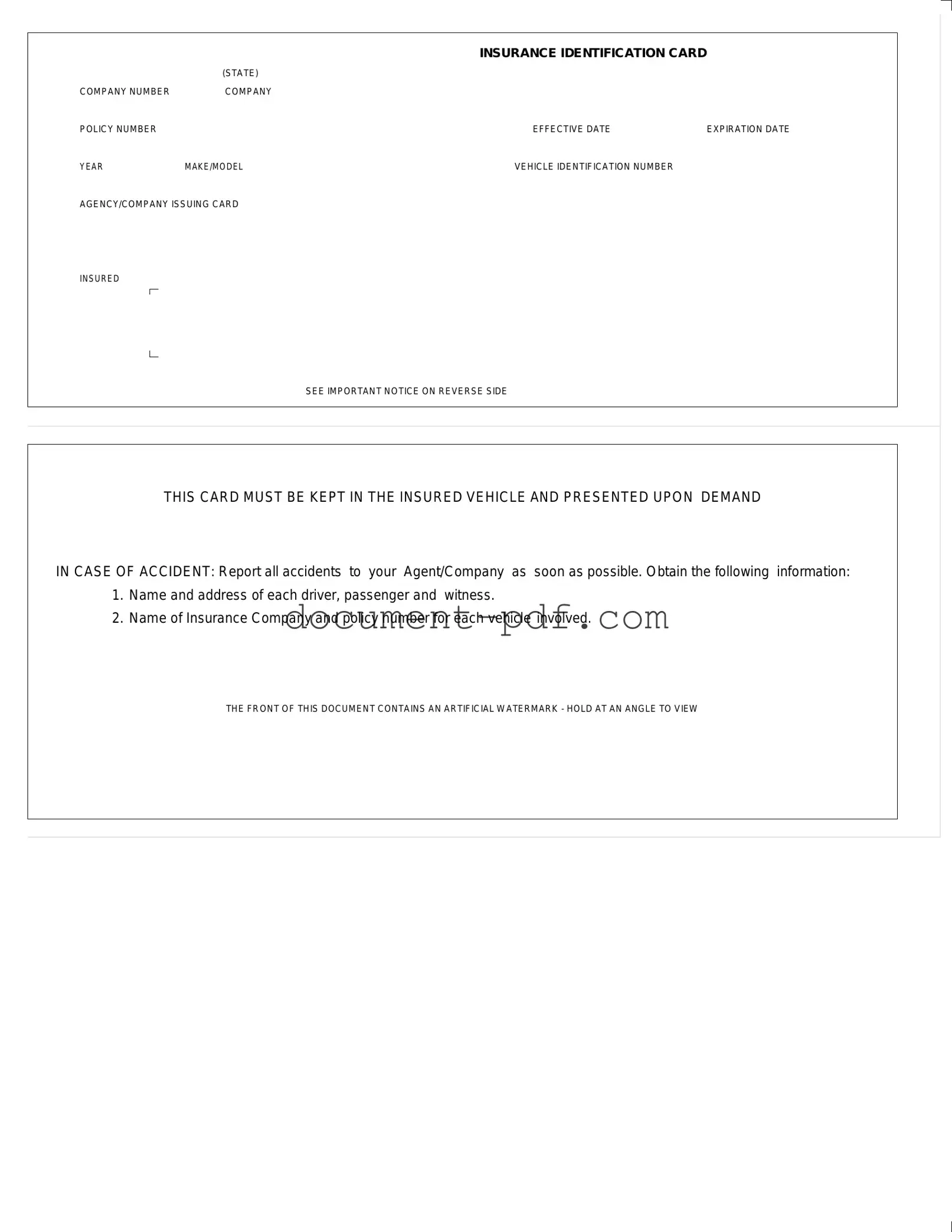 Blank Auto Insurance Card PDF Form