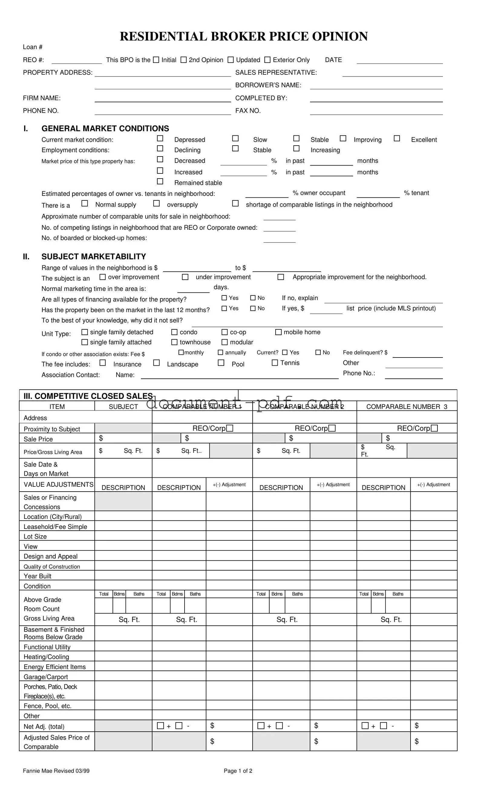Blank Broker Price Opinion PDF Form