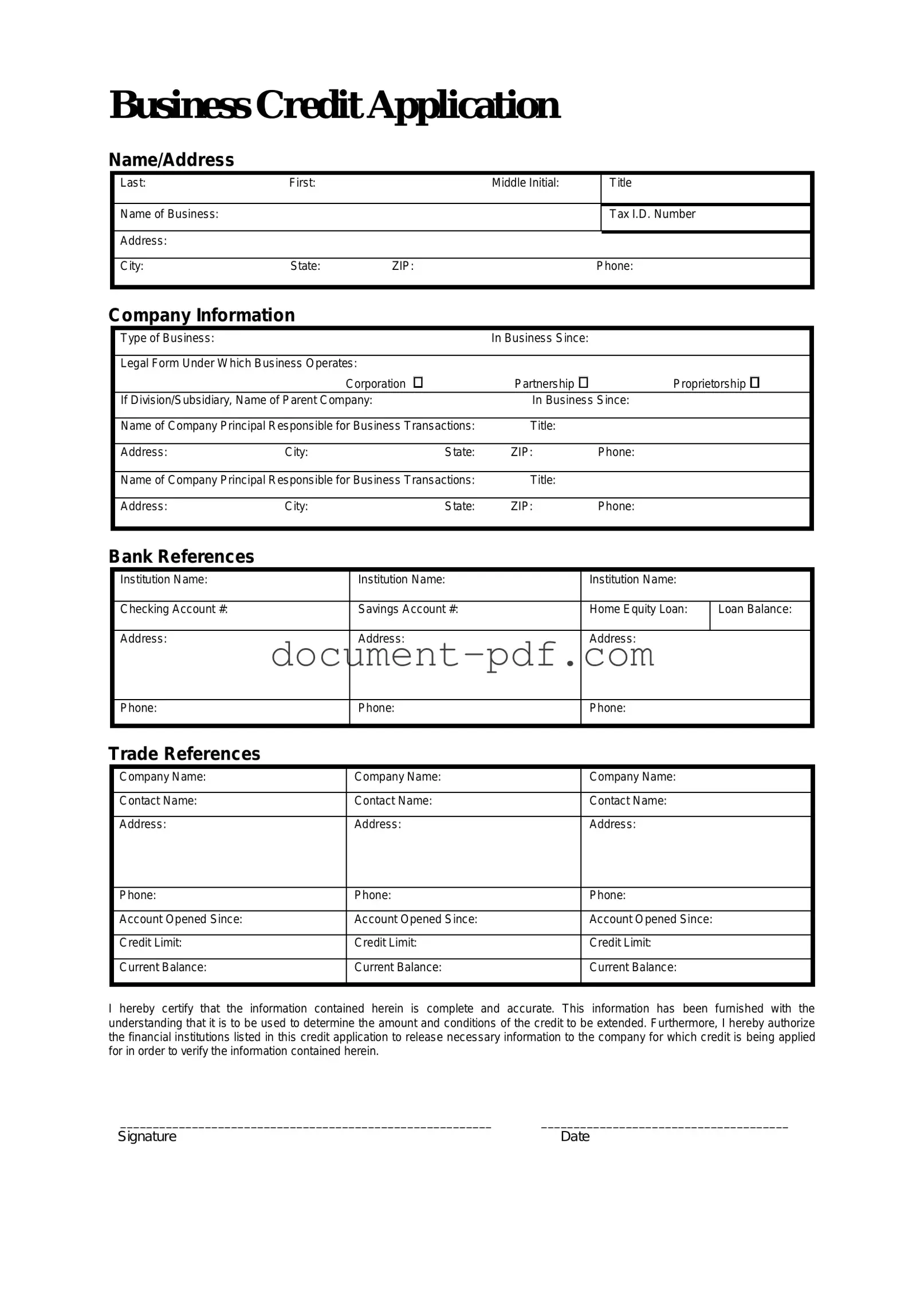 Blank Business Credit Application PDF Form