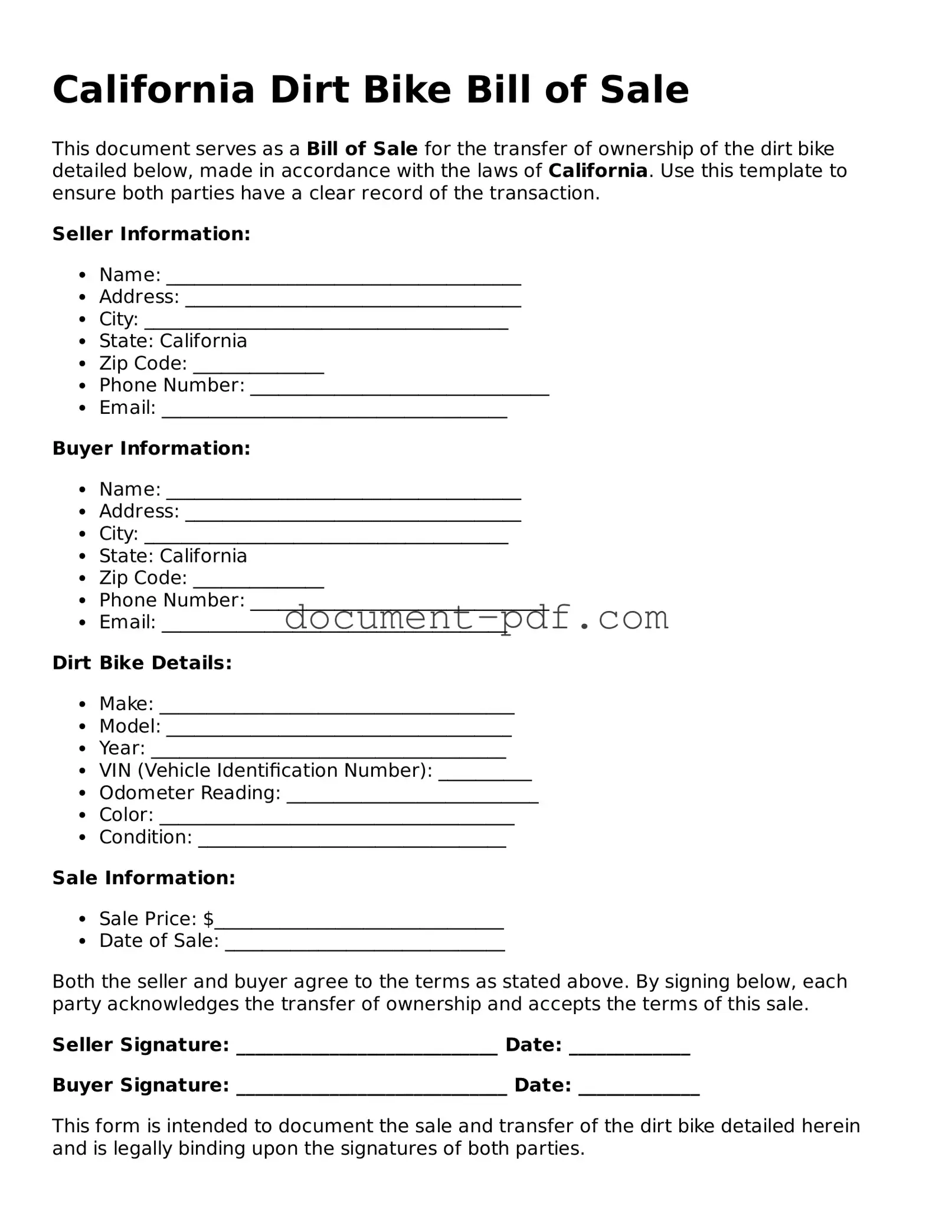 Attorney-Verified California Dirt Bike Bill of Sale Template