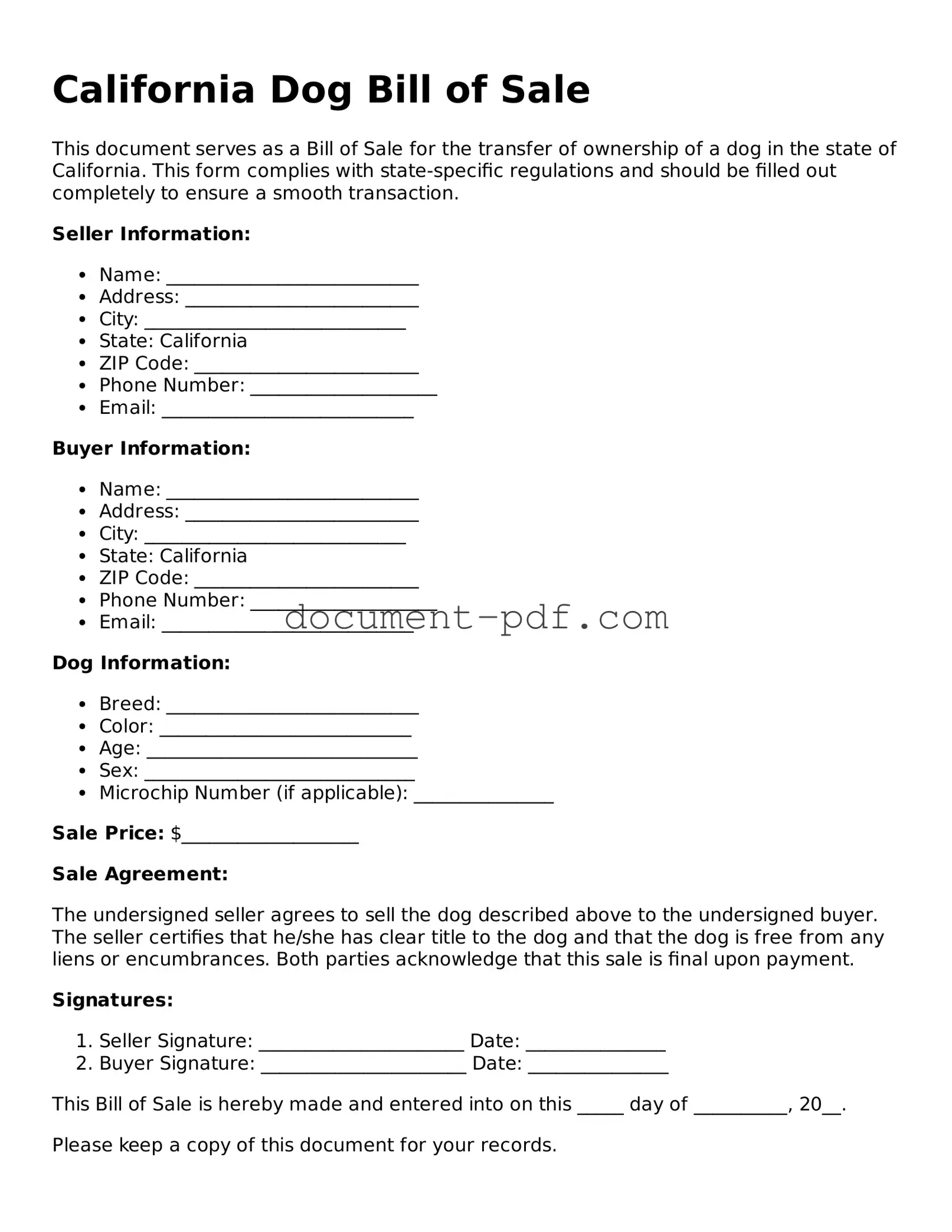 Attorney-Verified California Dog Bill of Sale Template