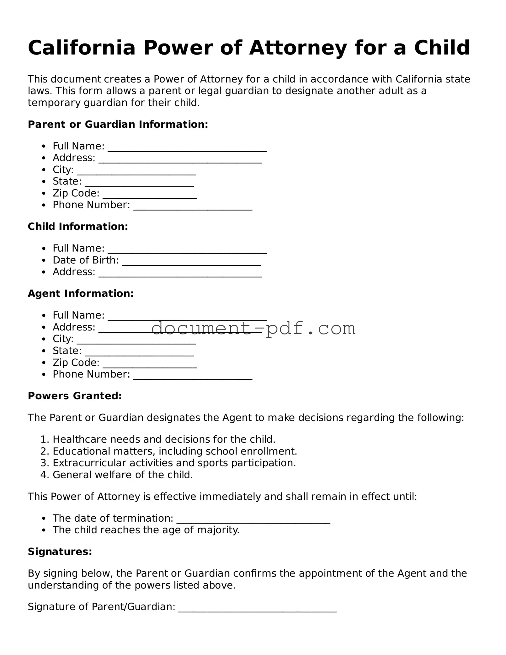 Attorney-Verified California Power of Attorney for a Child Template