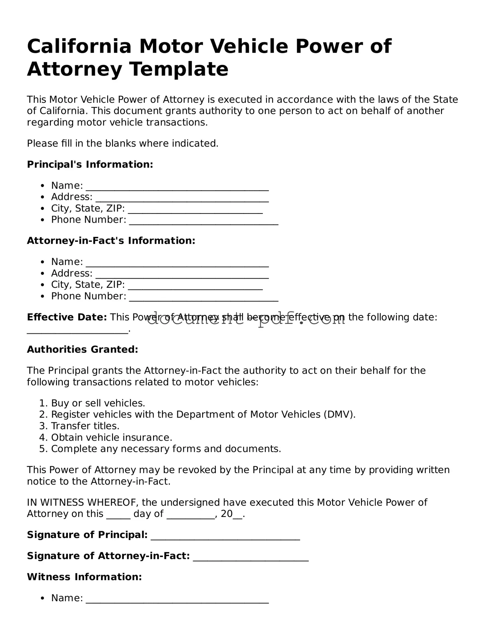 Attorney-Verified California Motor Vehicle Power of Attorney Template