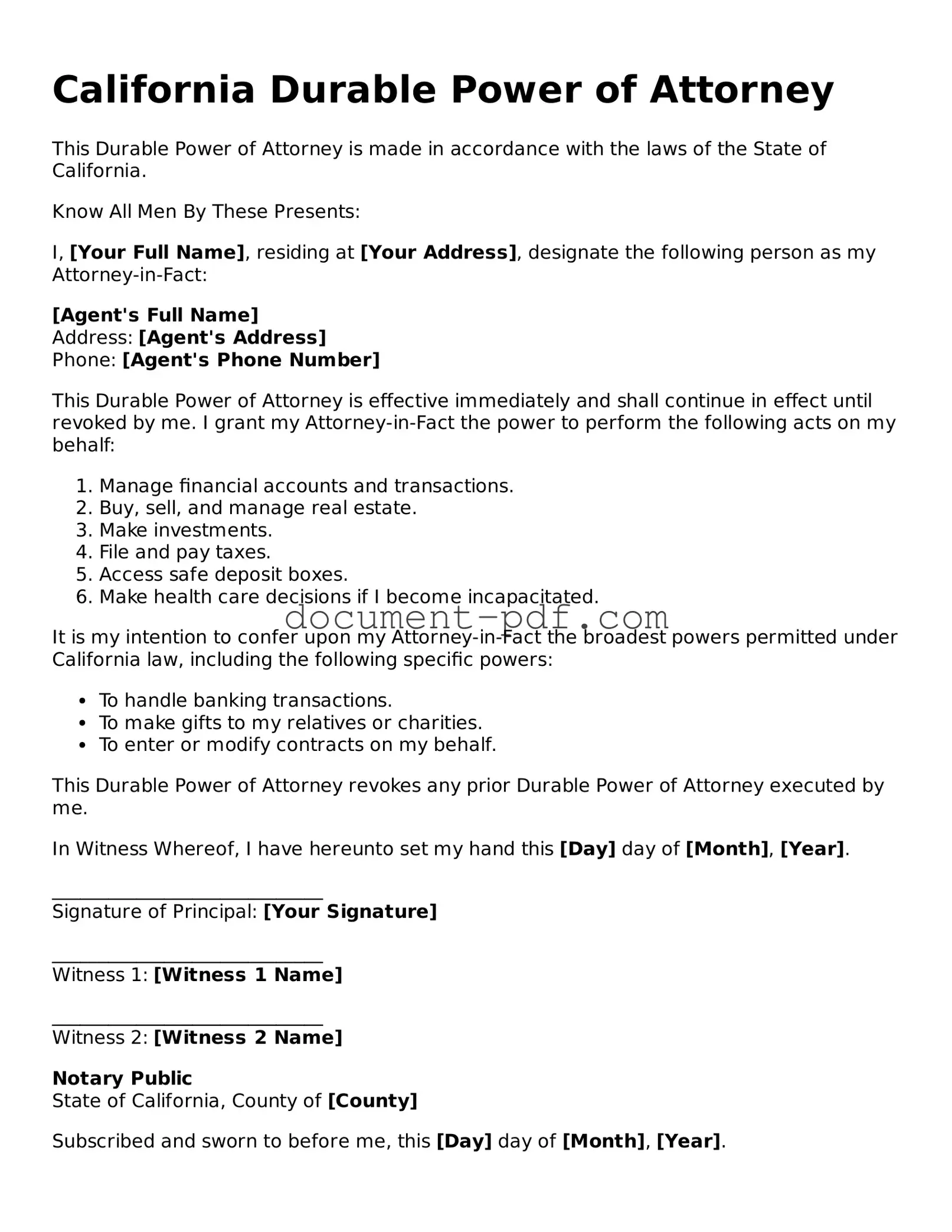 Attorney-Verified California Durable Power of Attorney Template