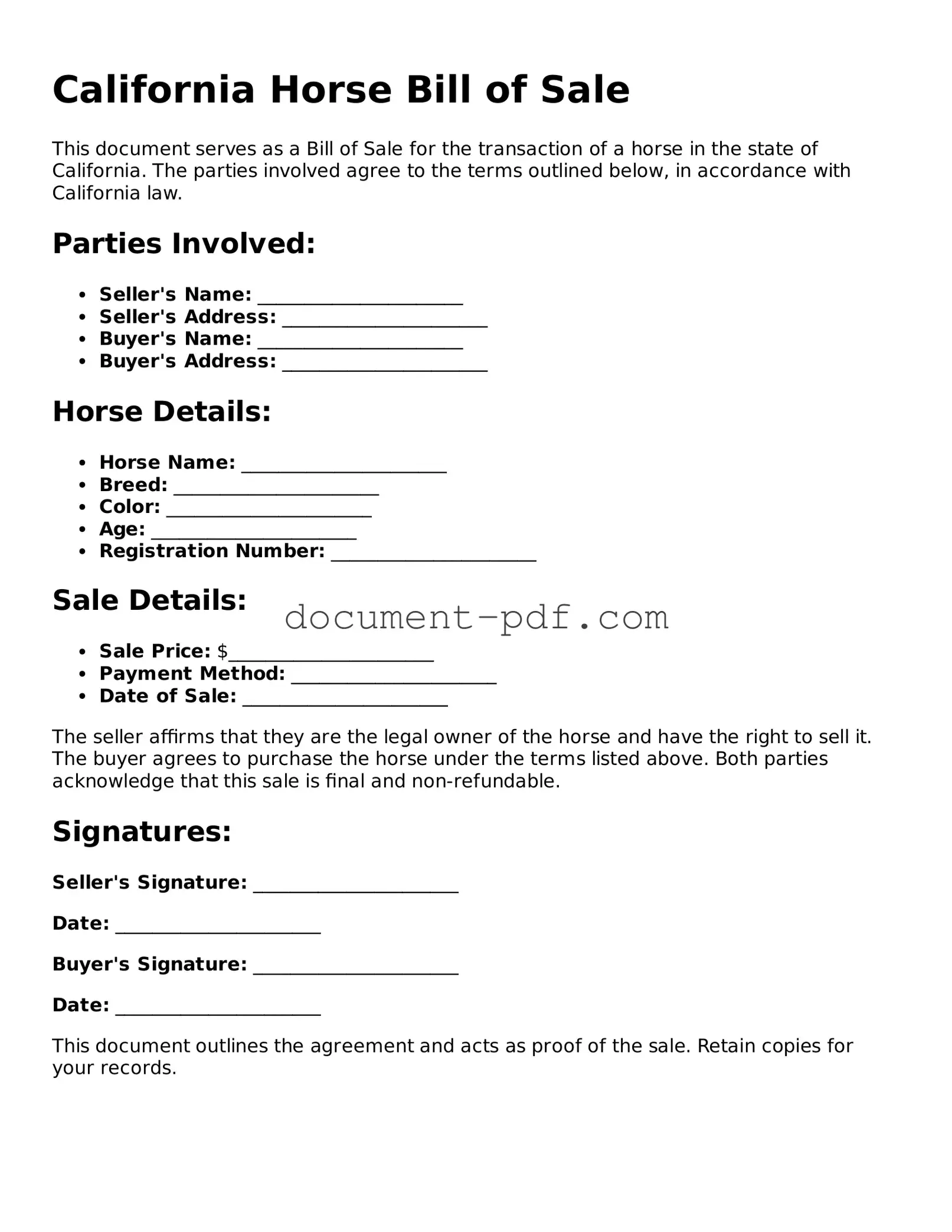 Attorney-Verified California Horse Bill of Sale Template