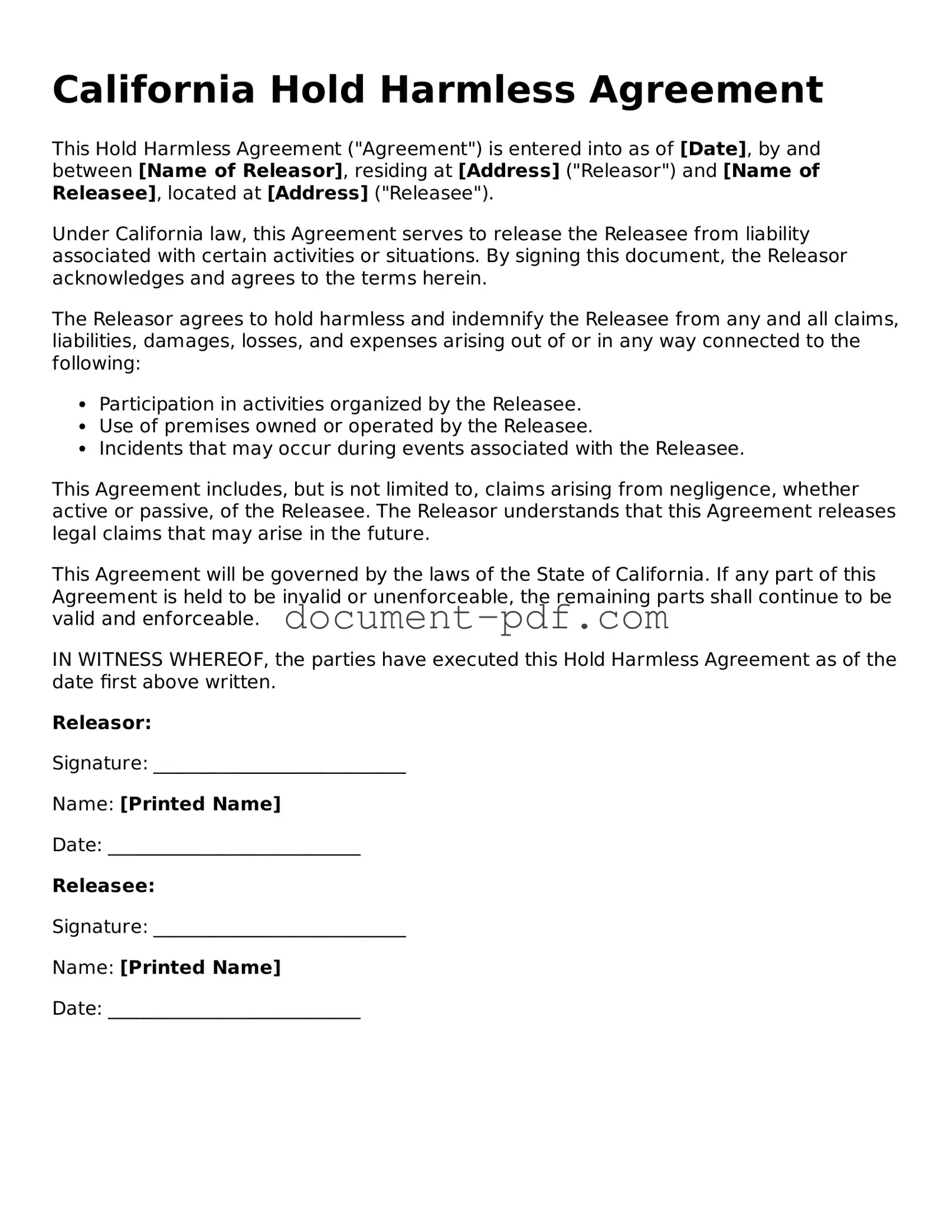 Attorney-Verified California Hold Harmless Agreement Template