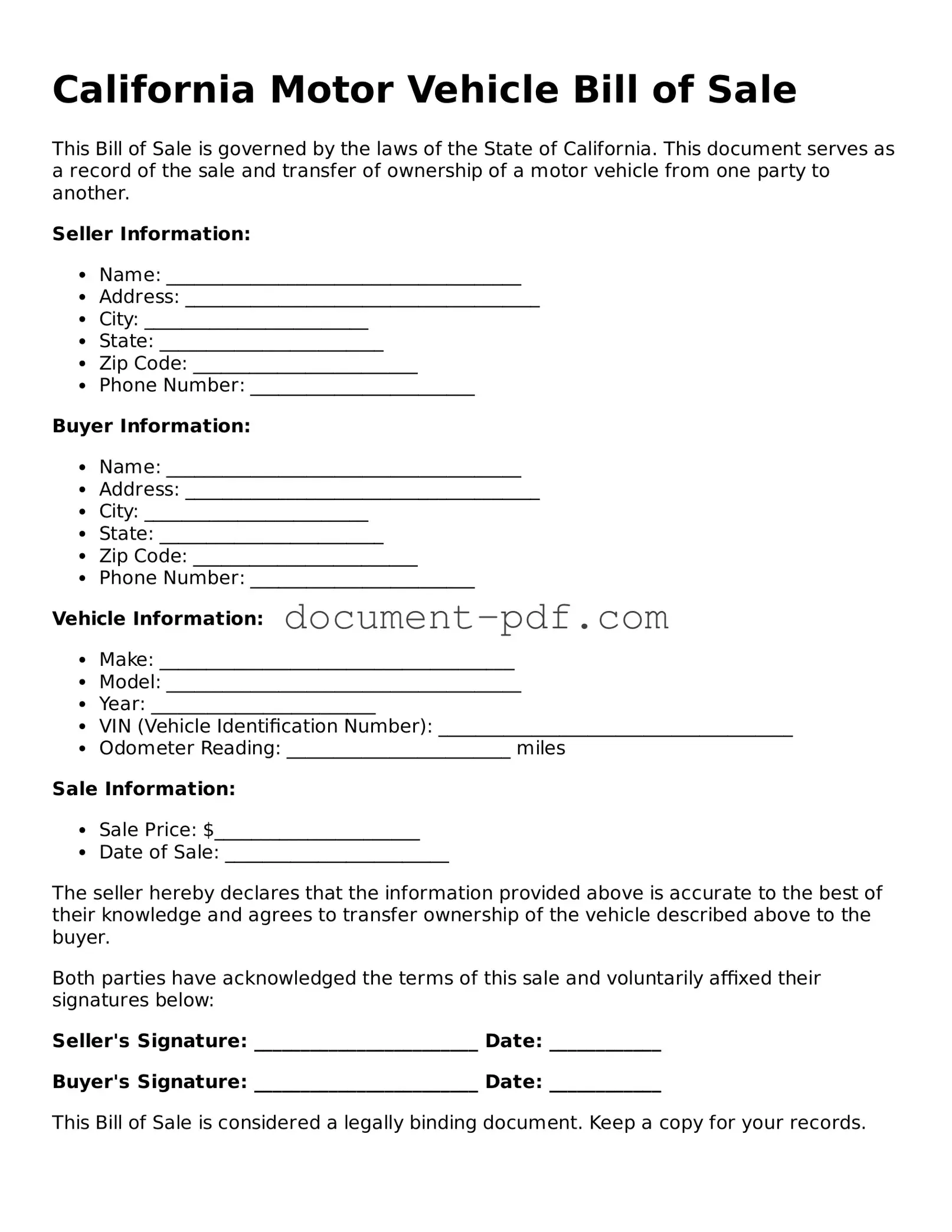 Attorney-Verified California Motor Vehicle Bill of Sale Template