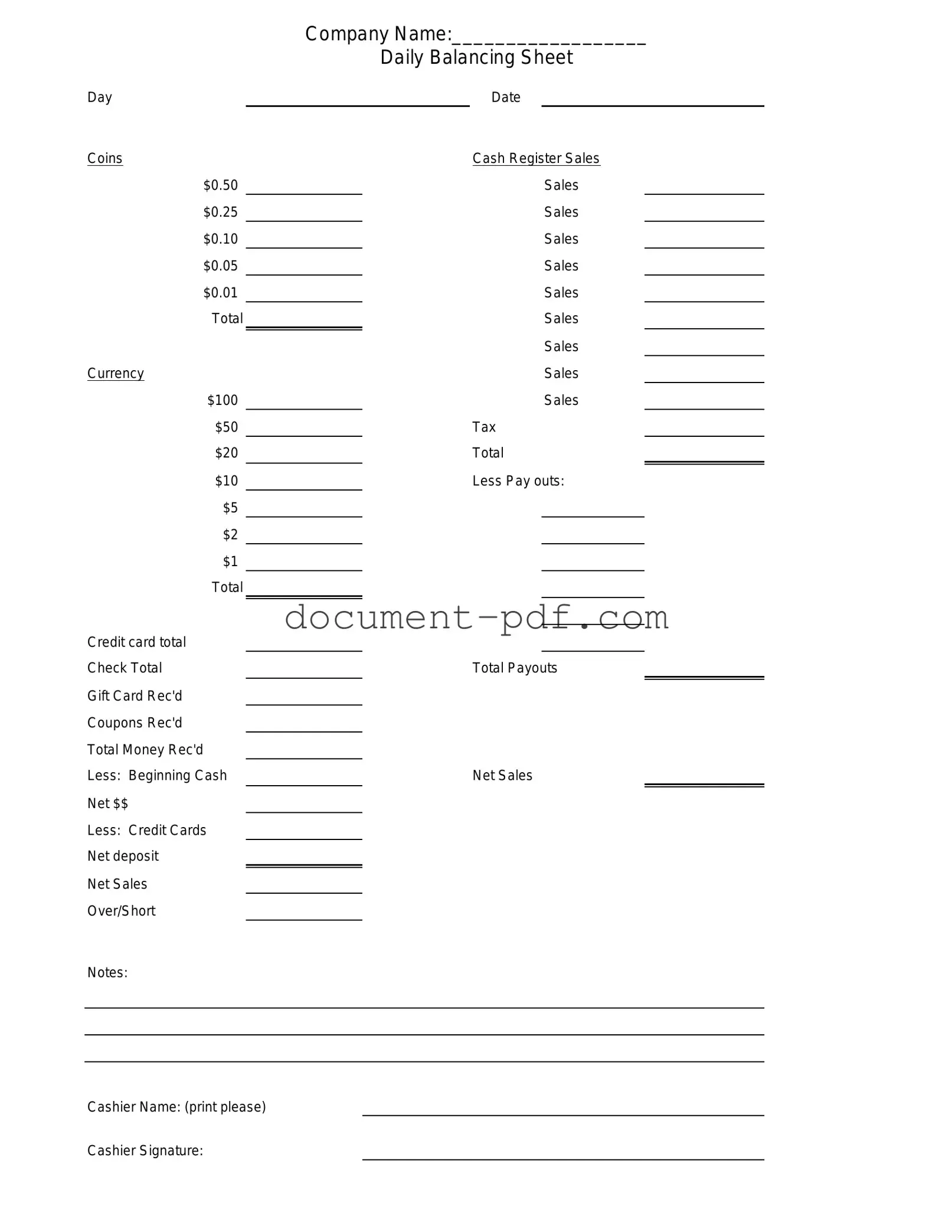 Blank Cash Drawer Count Sheet PDF Form