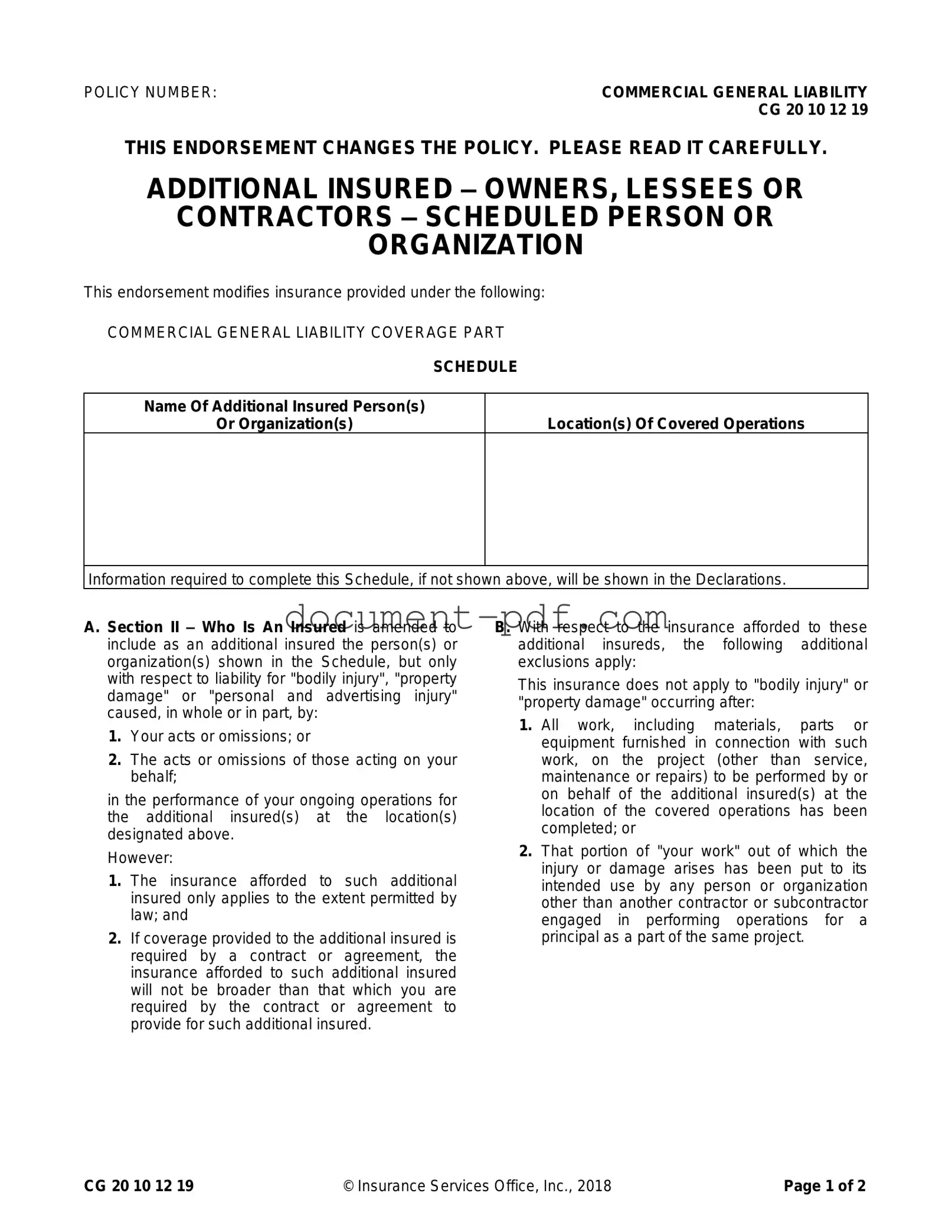 Blank Cg 20 10 07 04 Liability Endorsement PDF Form