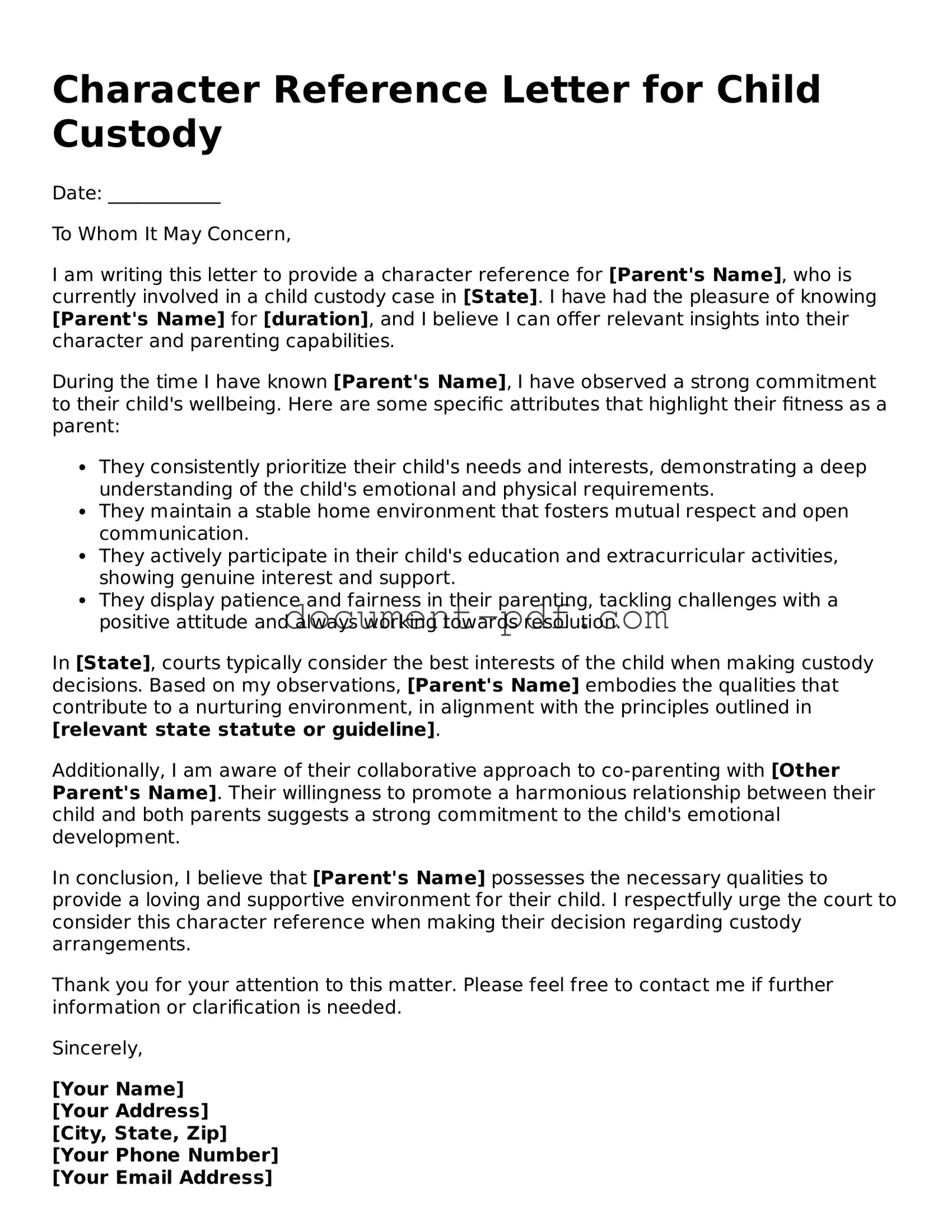 Attorney-Approved Character Reference Letter for Child Custody Document