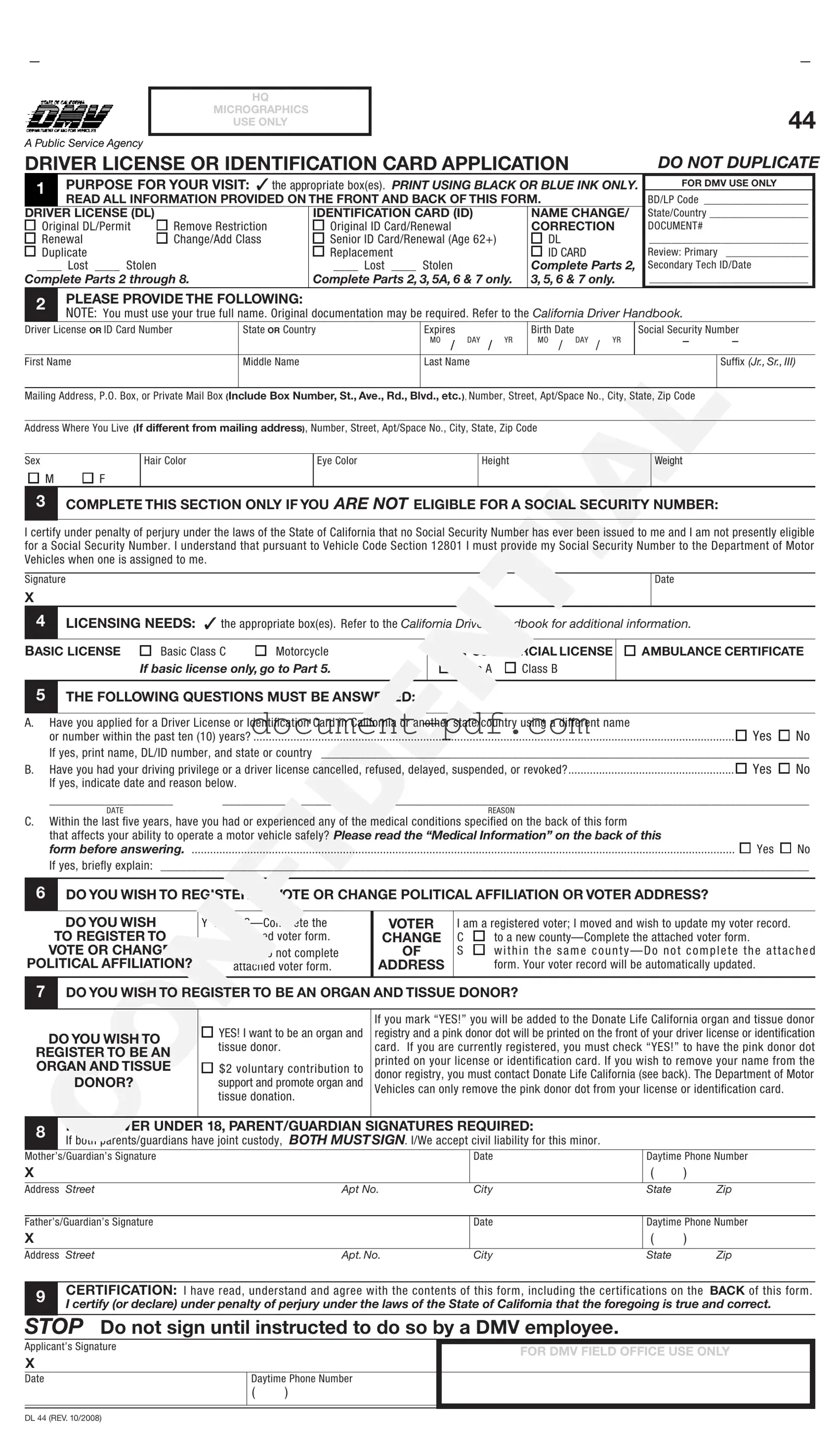 Blank Ca Dmv Dl 44 PDF Form