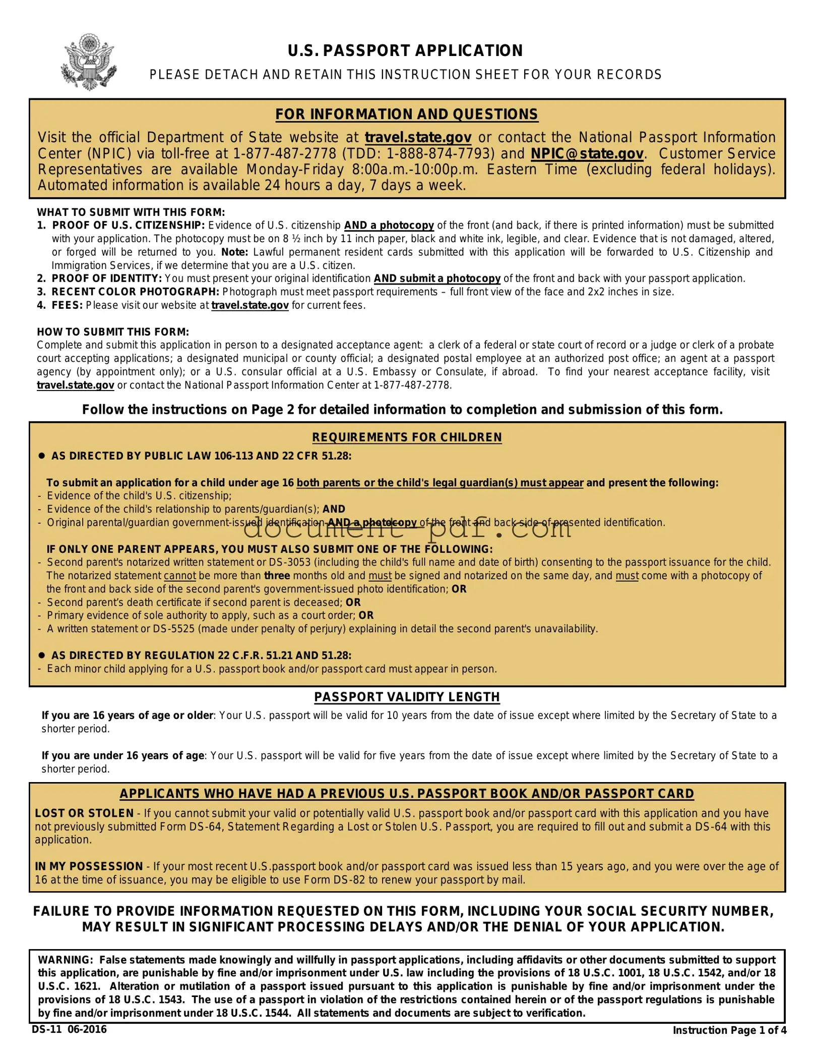 Blank DS-11 U.S. Passport application PDF Form