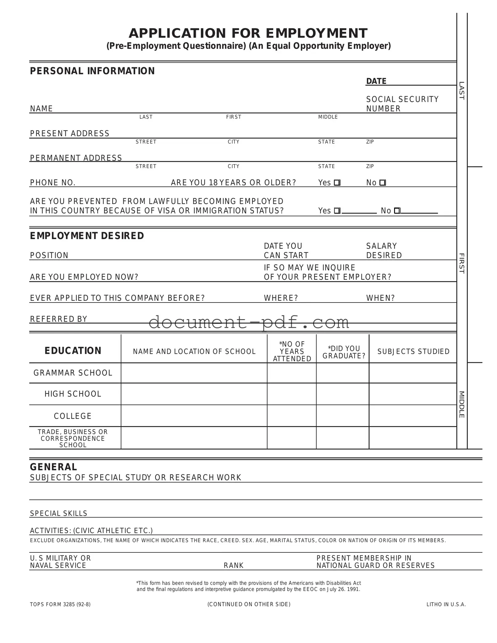 Blank Employment Application Pdf PDF Form