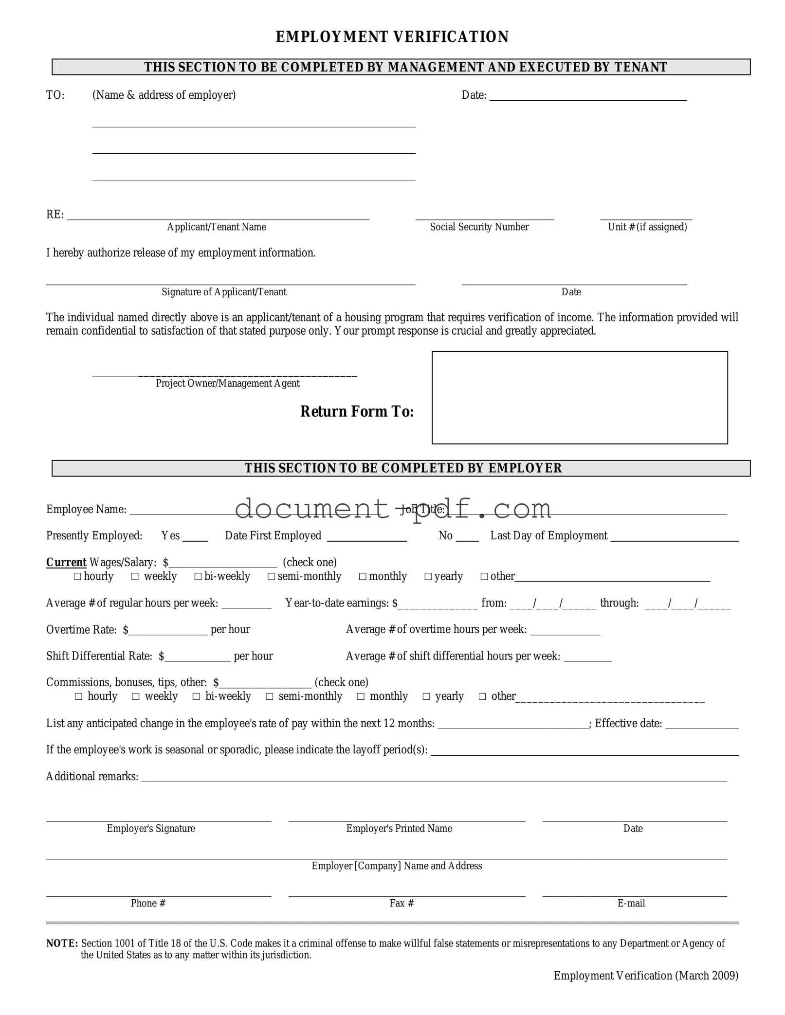 Blank Employment verification form PDF Form