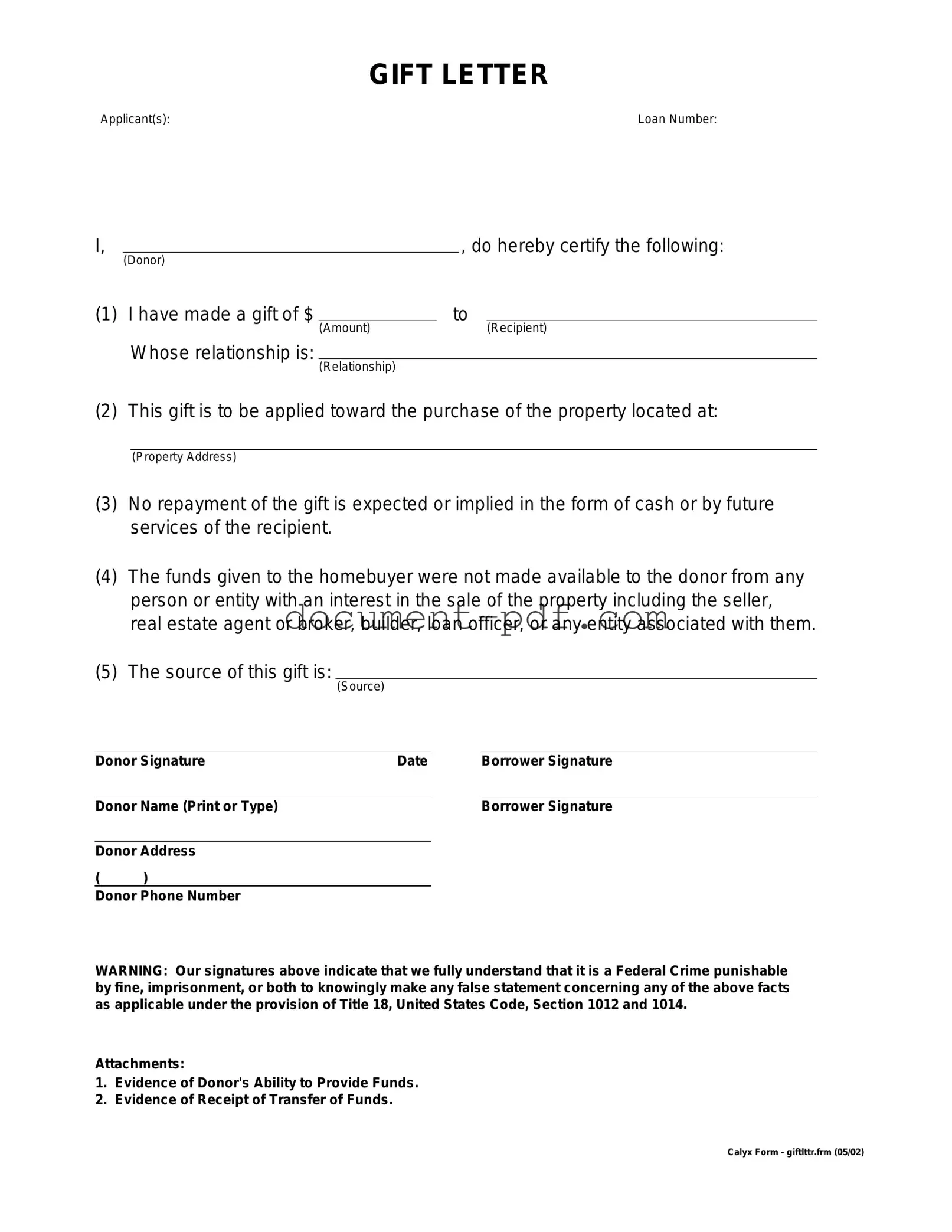 Blank Gift Letter PDF Form