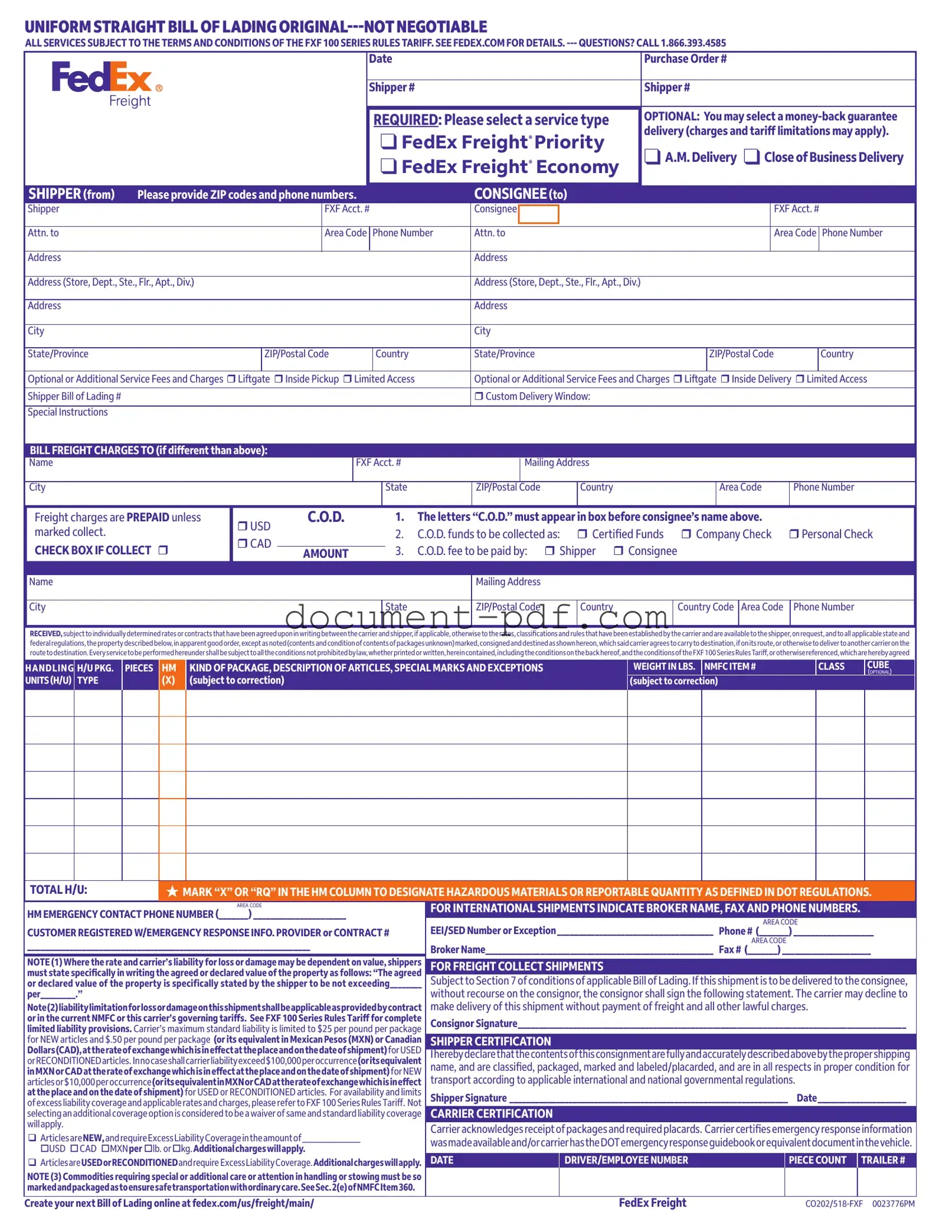 Blank Fedex Bill Of Lading PDF Form