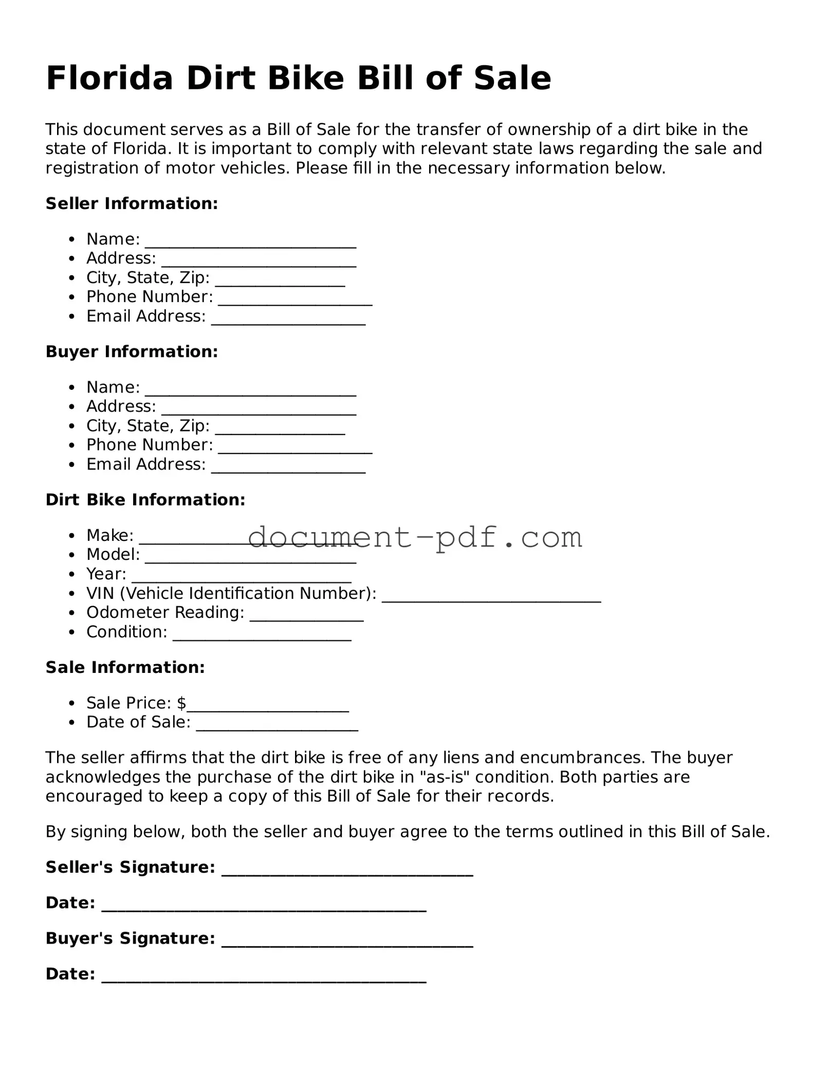 Attorney-Verified Florida Dirt Bike Bill of Sale Template