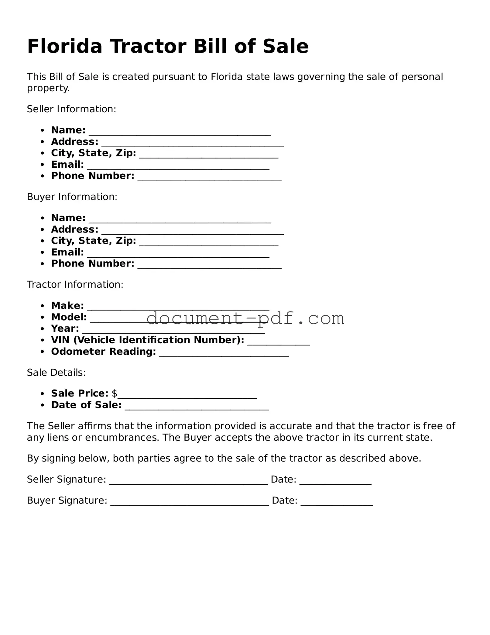 Attorney-Verified Florida Tractor Bill of Sale Template