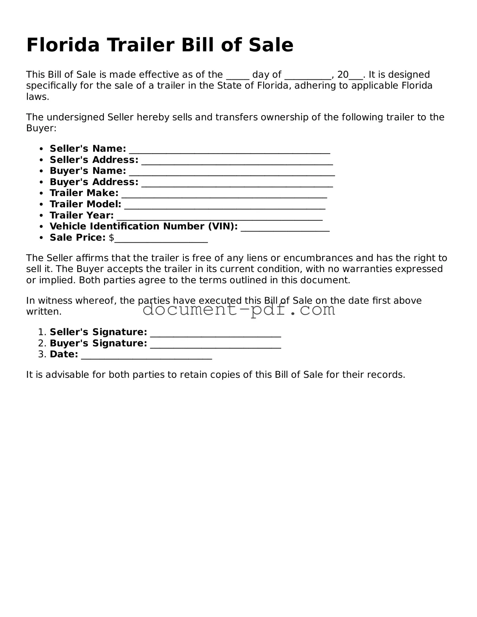 Attorney-Verified Florida Trailer Bill of Sale Template