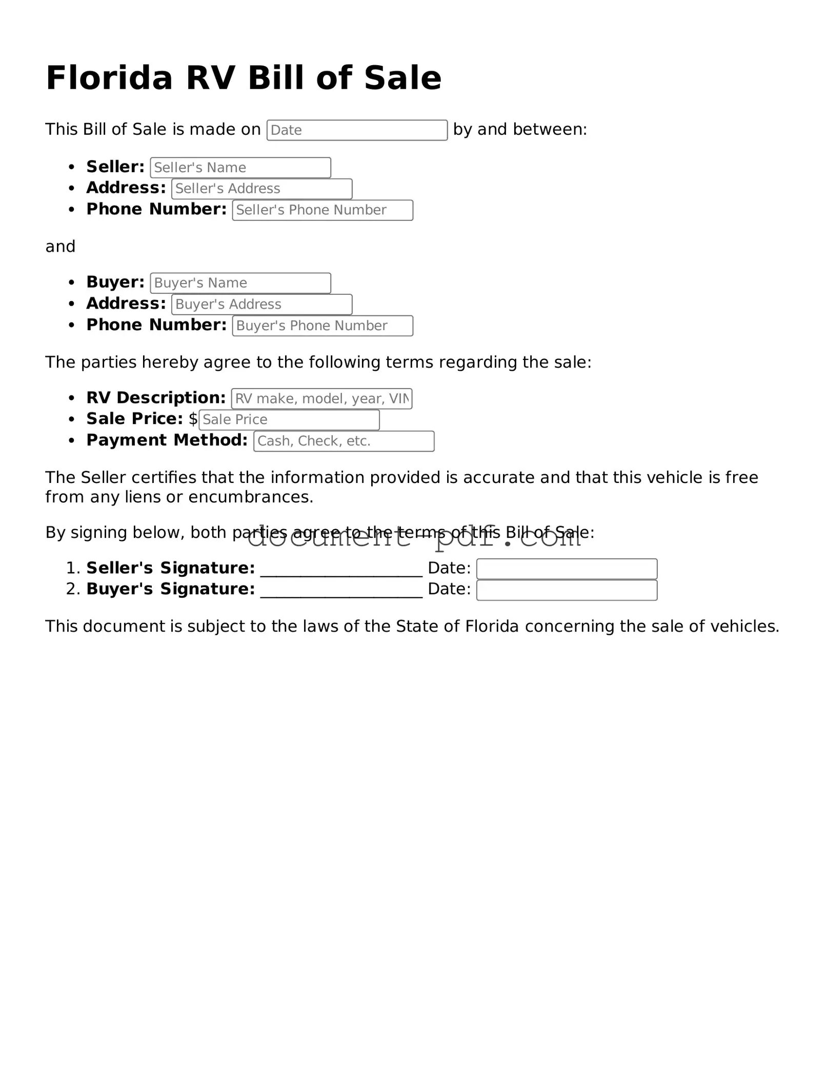 Attorney-Verified Florida RV Bill of Sale Template