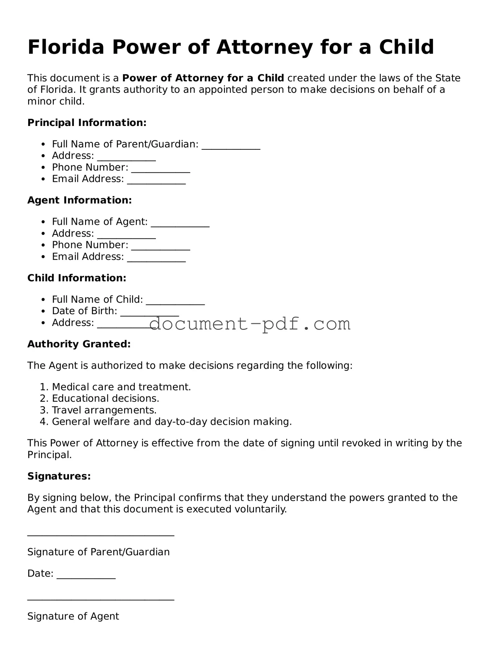 Attorney-Verified Florida Power of Attorney for a Child Template