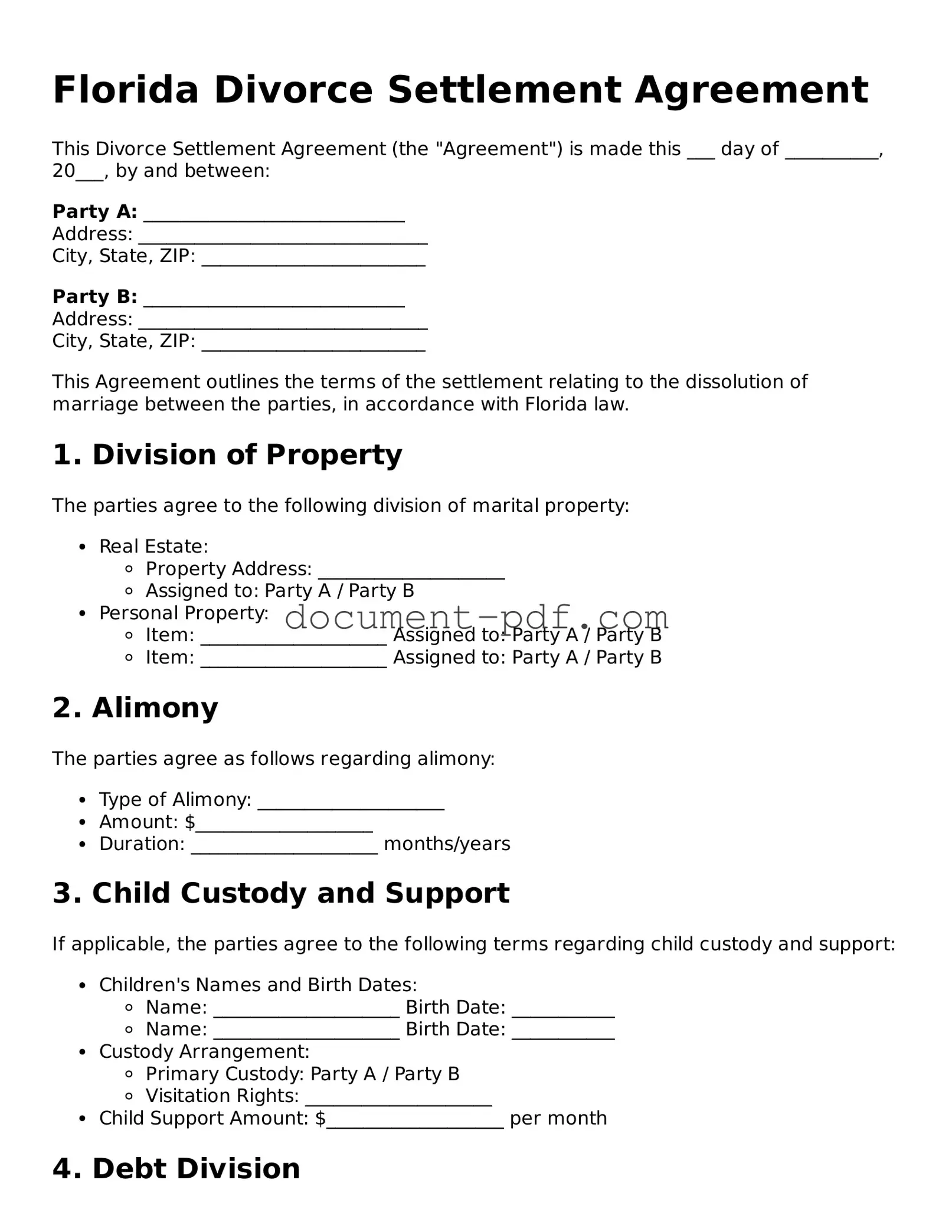 Attorney-Verified Florida Divorce Settlement Agreement Template