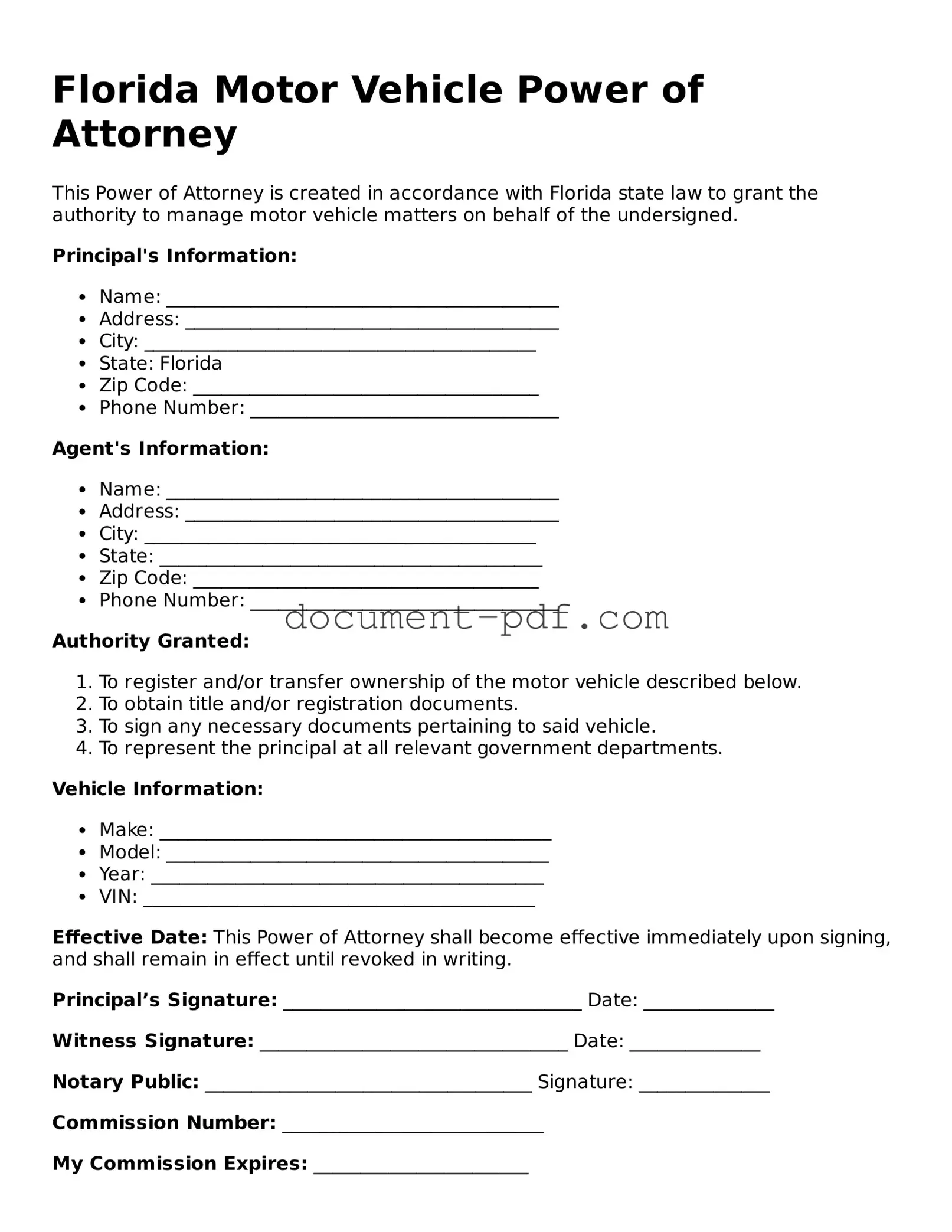Attorney-Verified Florida Motor Vehicle Power of Attorney Template