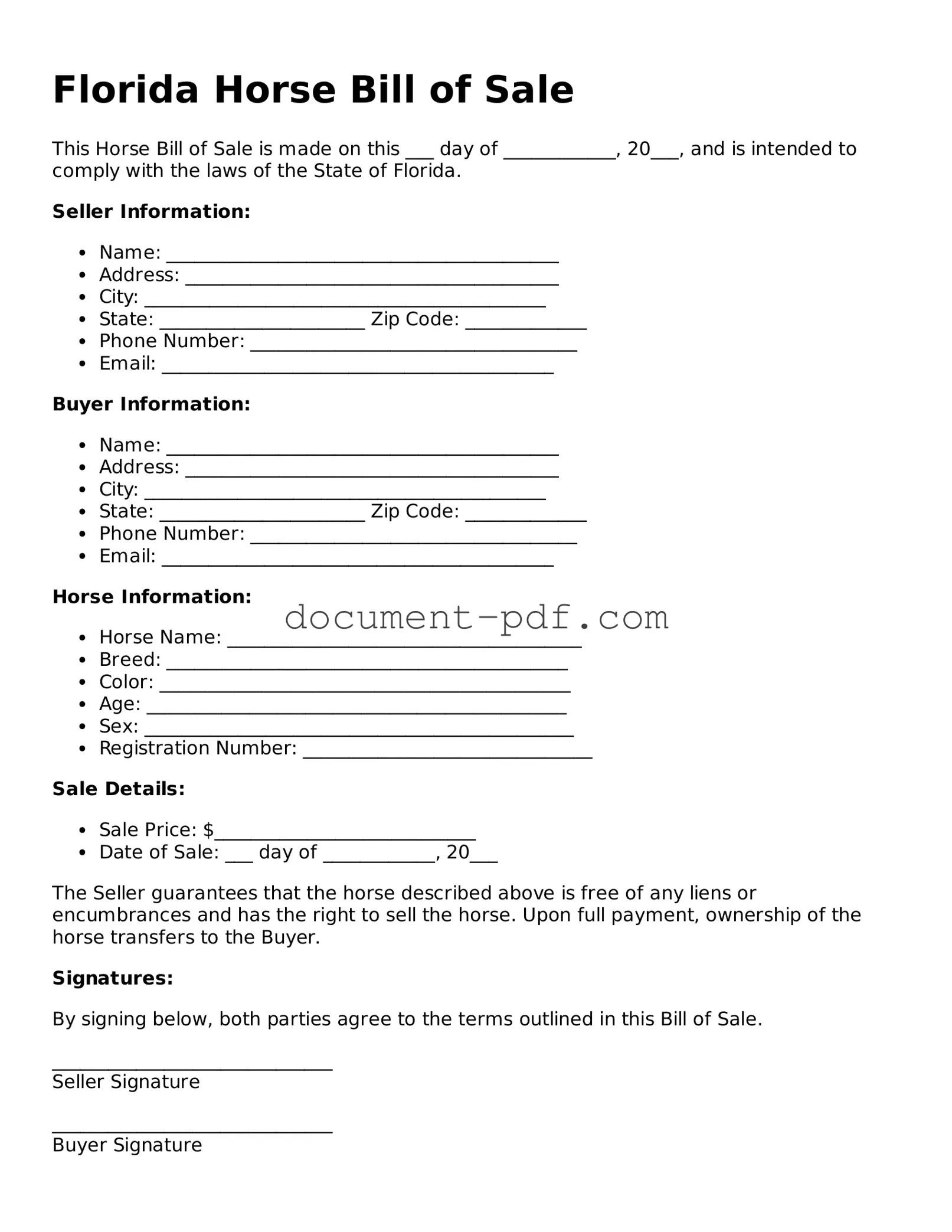 Attorney-Verified Florida Horse Bill of Sale Template