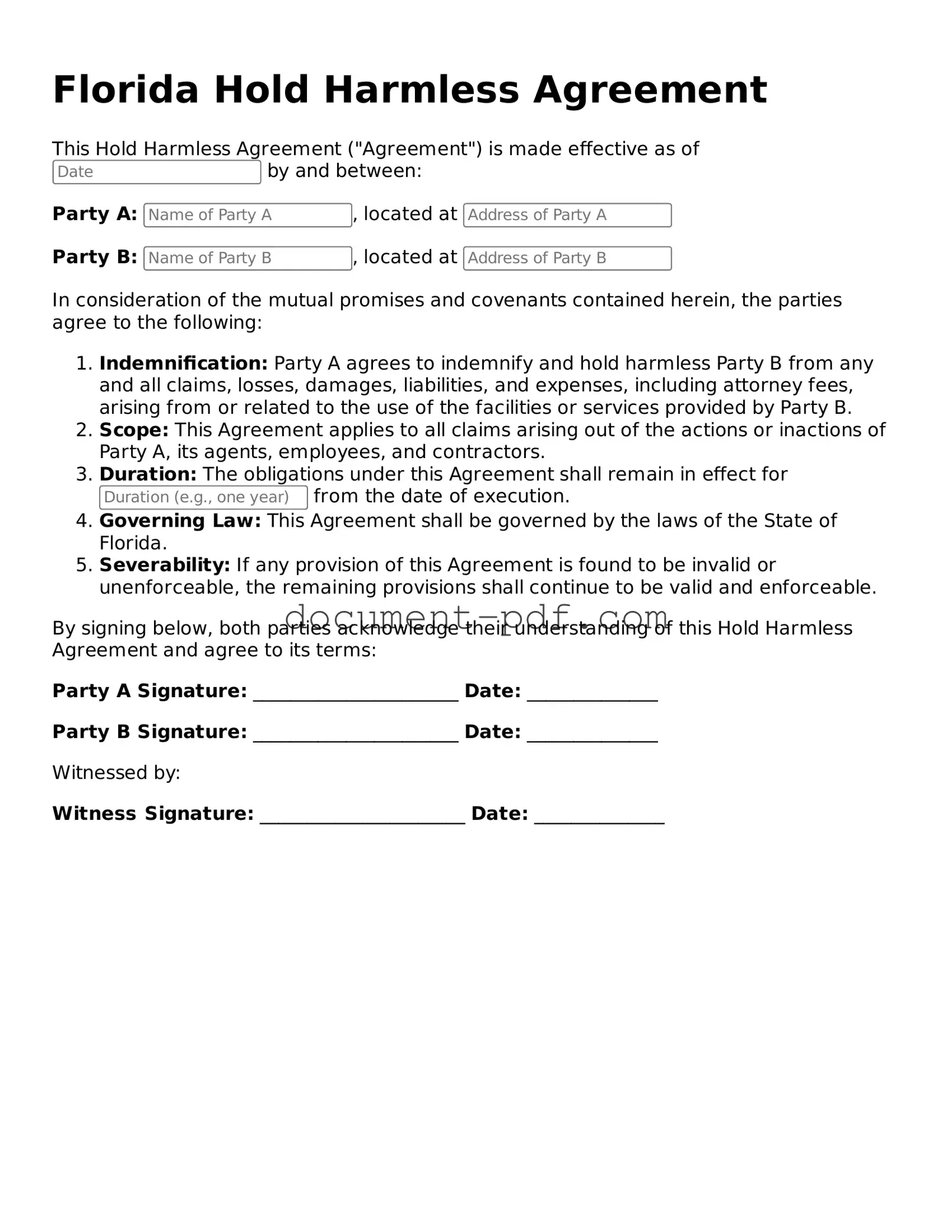 Attorney-Verified Florida Hold Harmless Agreement Template